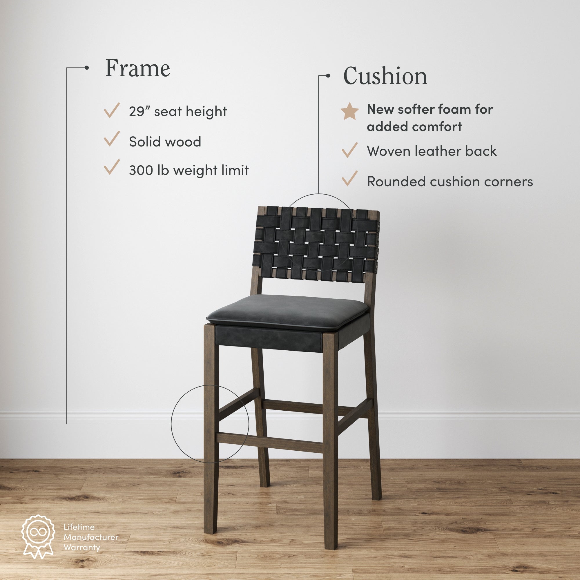 A tall wooden bar stool with a woven black backrest and black cushioned seat is on a wood floor against a white wall. Text highlights its solid wood frame, 29” seat height, 300 lb weight limit, and cushioned features.