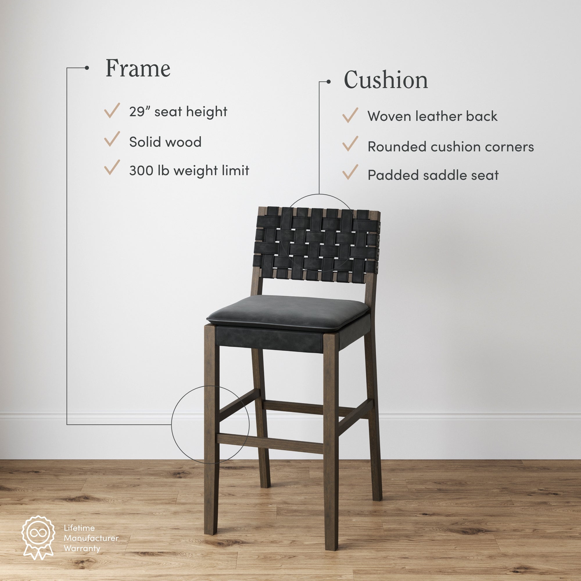 A black cushioned bar stool with woven leather backrest and solid wood frame stands on a wooden floor against a white wall. Text highlights its features: 29 seat height, 300 lb limit, and padded saddle seat.
