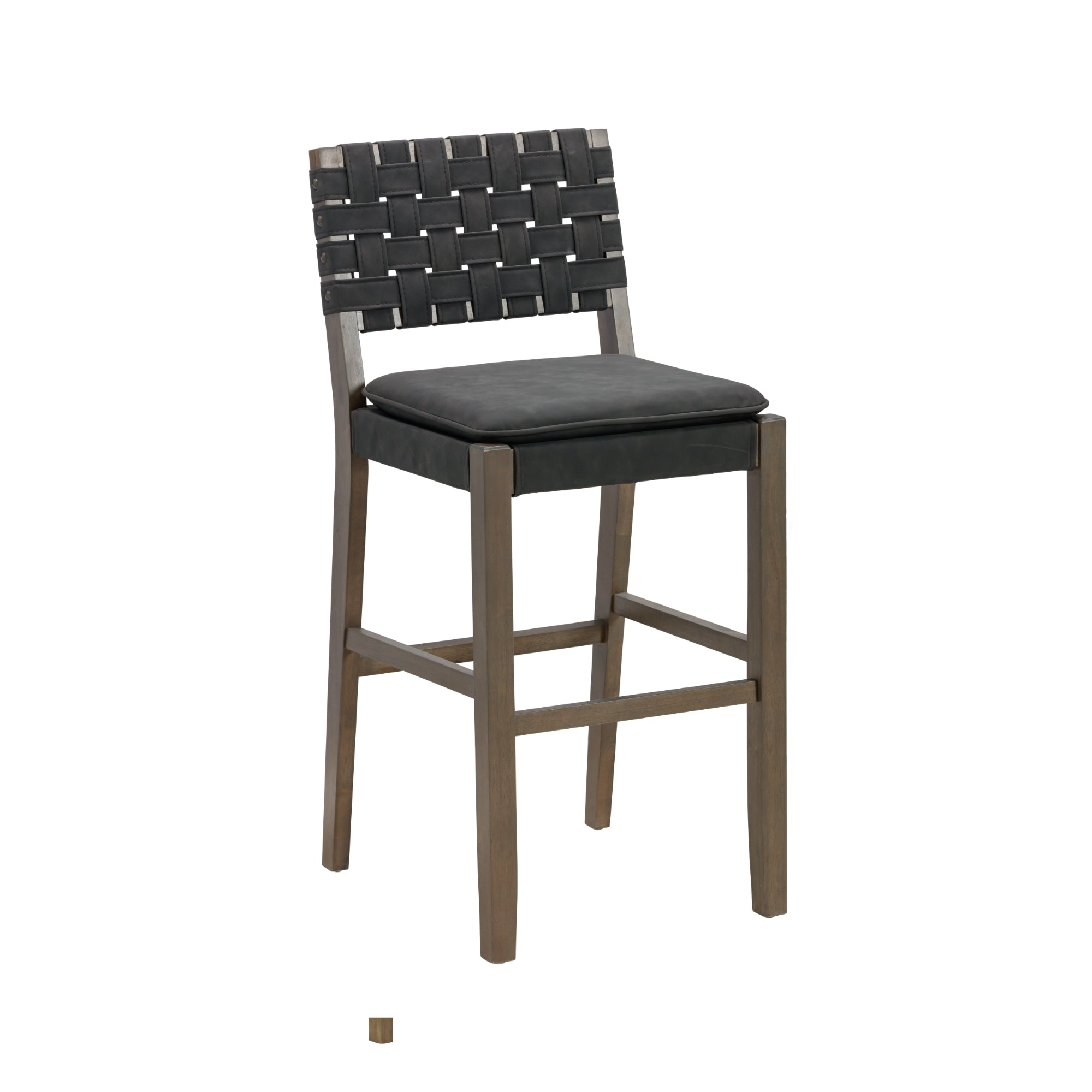 A tall bar stool with a wooden frame, black woven leather backrest, and a black padded seat. The stool has four straight legs connected by horizontal supports.