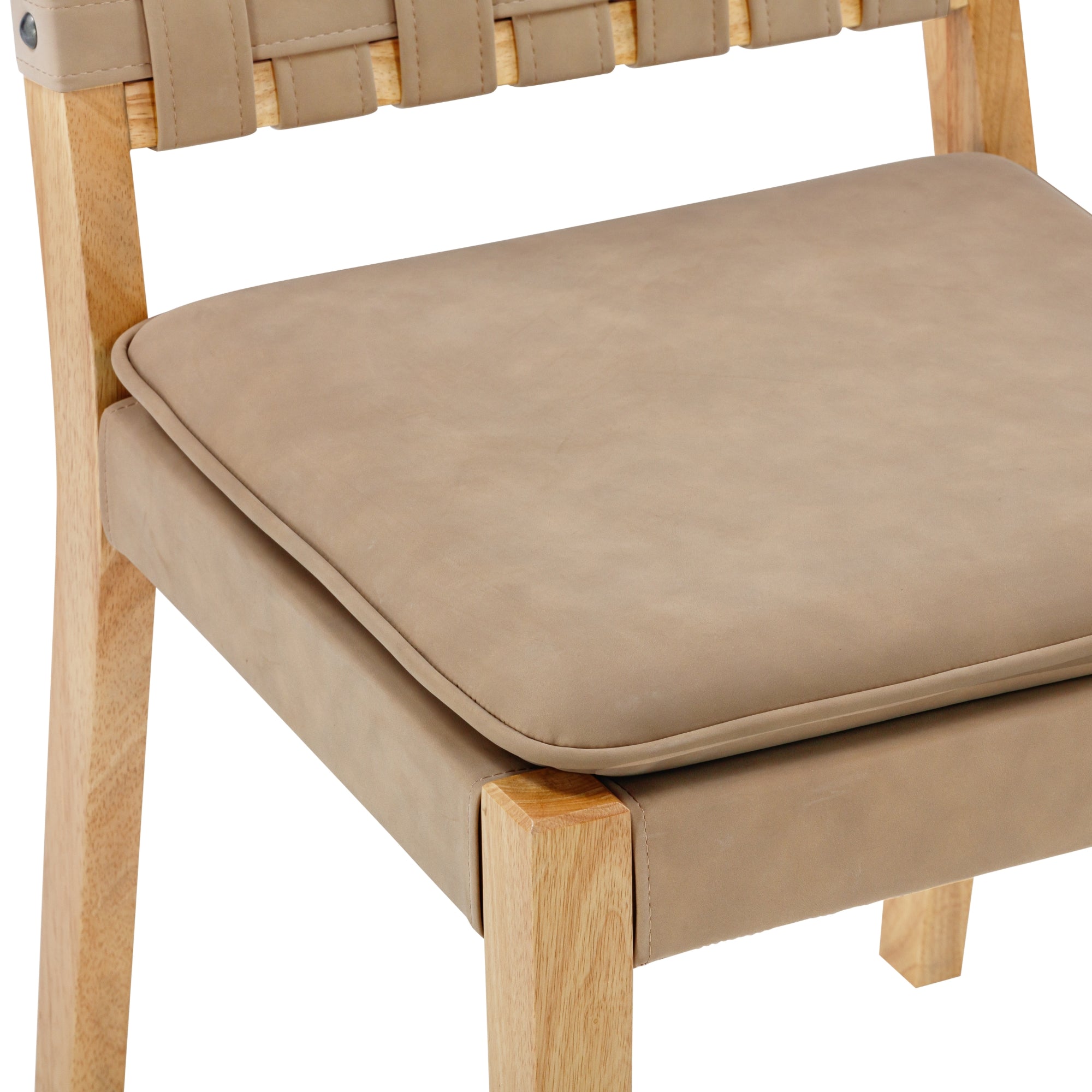 Close-up of a wooden chair with a light tan cushioned seat and matching backrest. The cushion appears soft and the legs are made of light-colored wood.