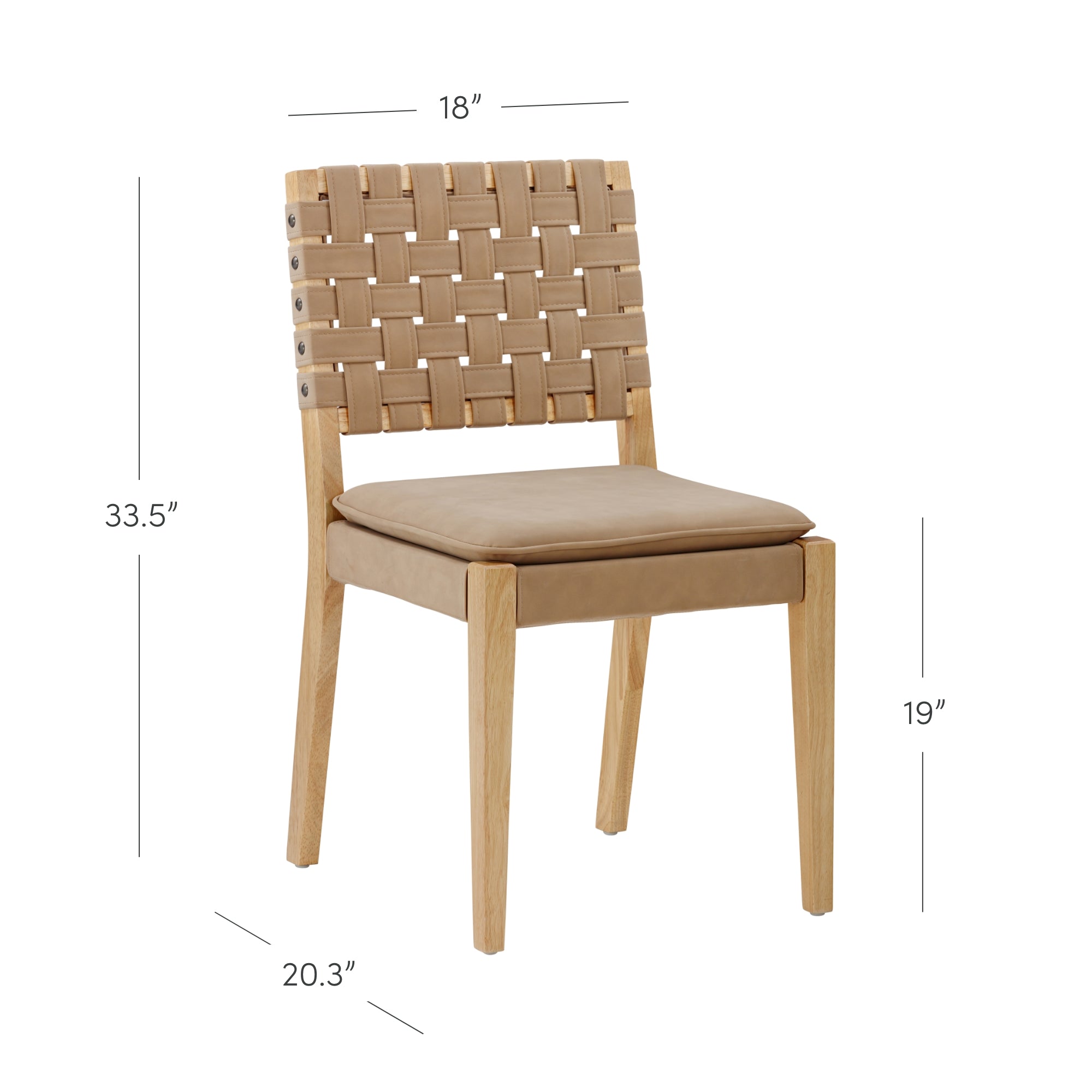 A wooden chair with a woven backrest, cushioned seat, and light wood legs. Dimensions labeled: backrest height 33.5, seat height 19, width 18, and depth 20.3.