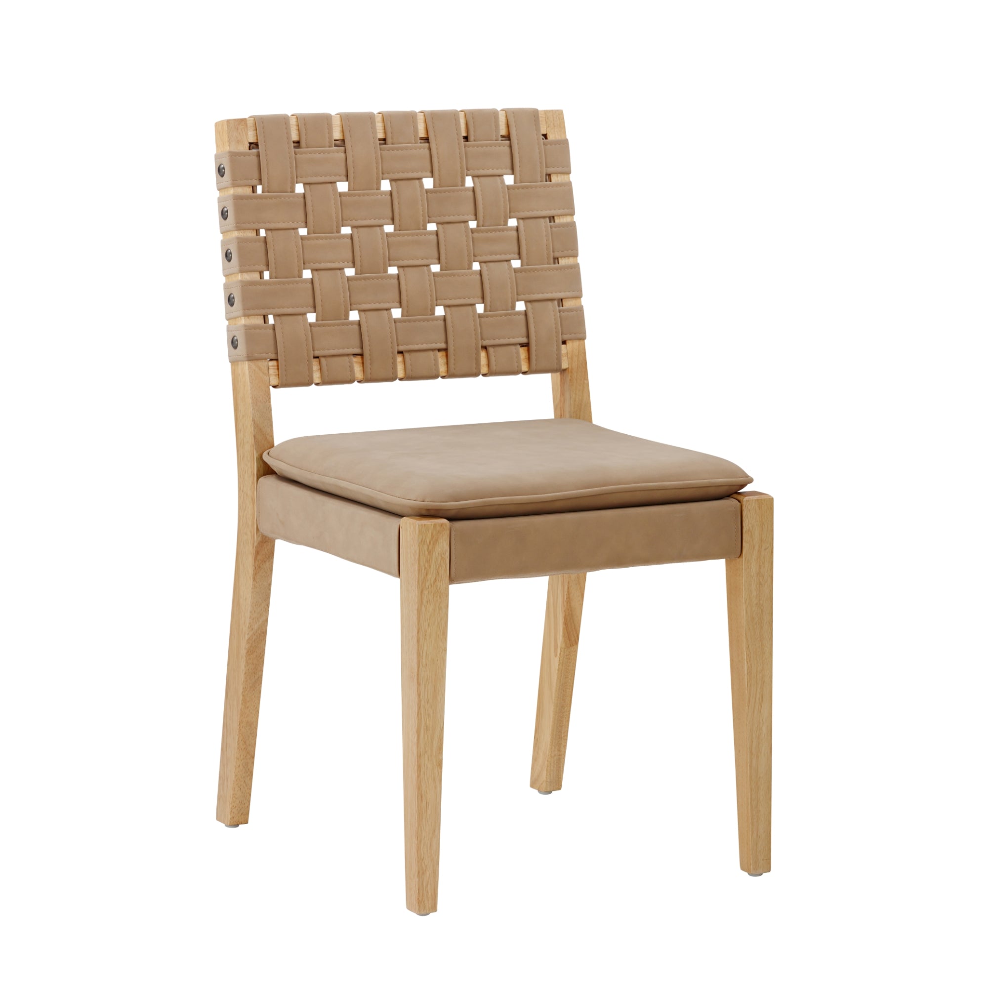 A wooden chair with a woven backrest and a cushioned seat in light brown upholstery, featuring simple, straight legs and a minimalist, modern design.