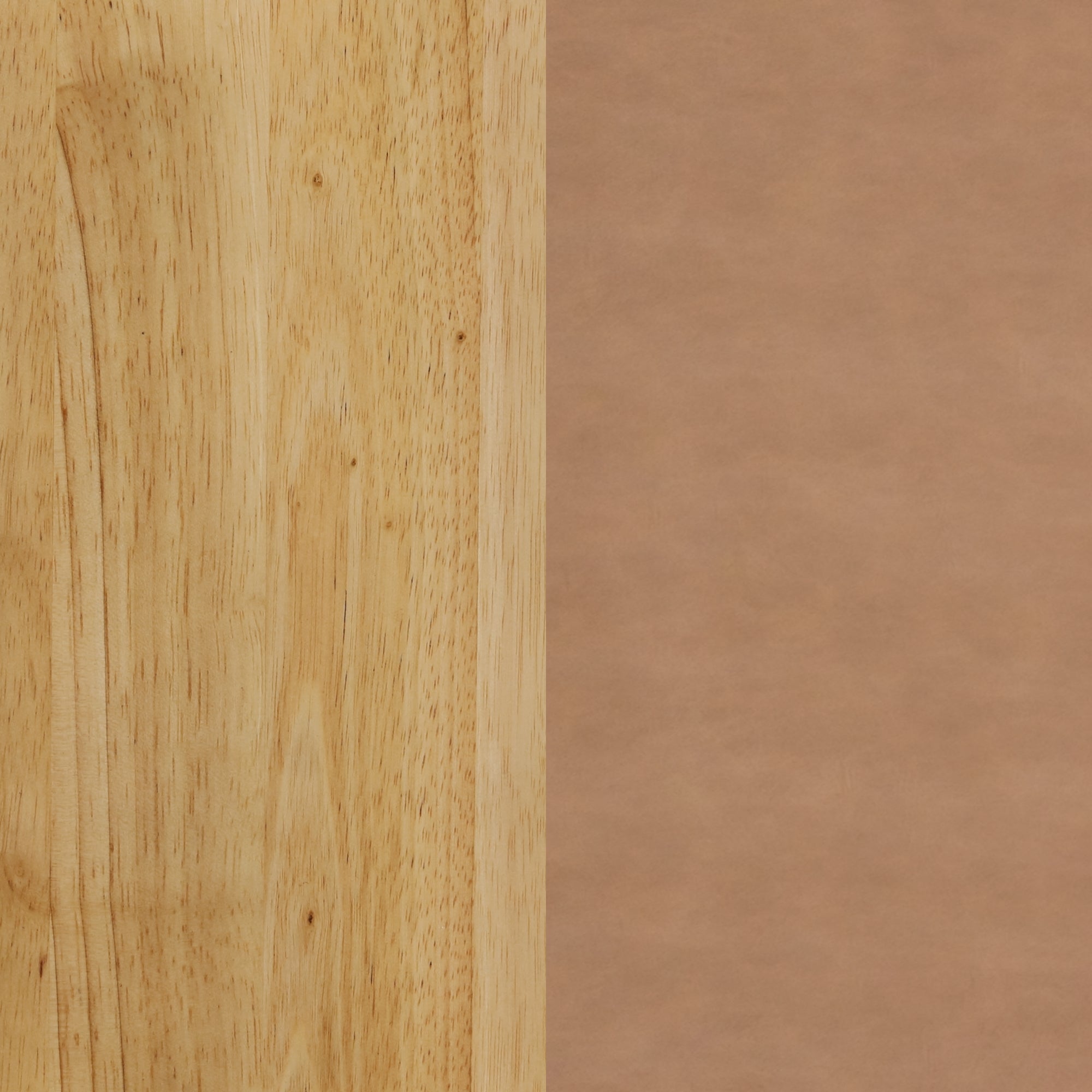 A vertical split showing a light wood grain texture on the left and a smooth, matte brown leather texture on the right.