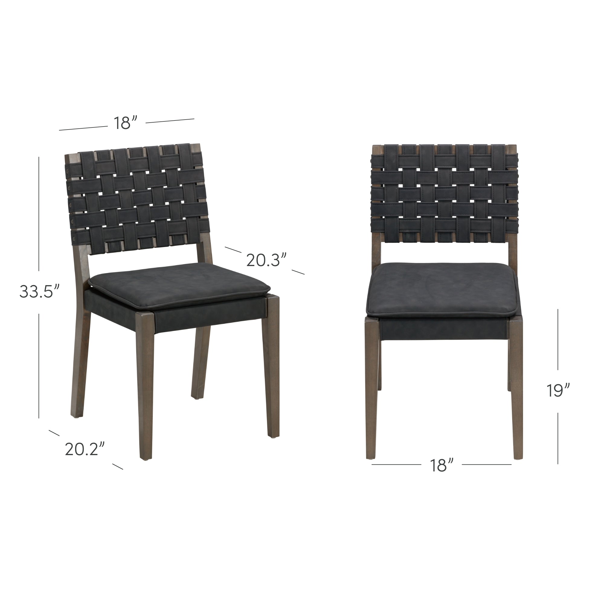 Two modern chairs with wooden frames, woven black seats and backs, and black cushions. Dimensions are shown: 33.5 tall, 18 wide, 20.2 deep, seat height 19, seat depth 20.3.