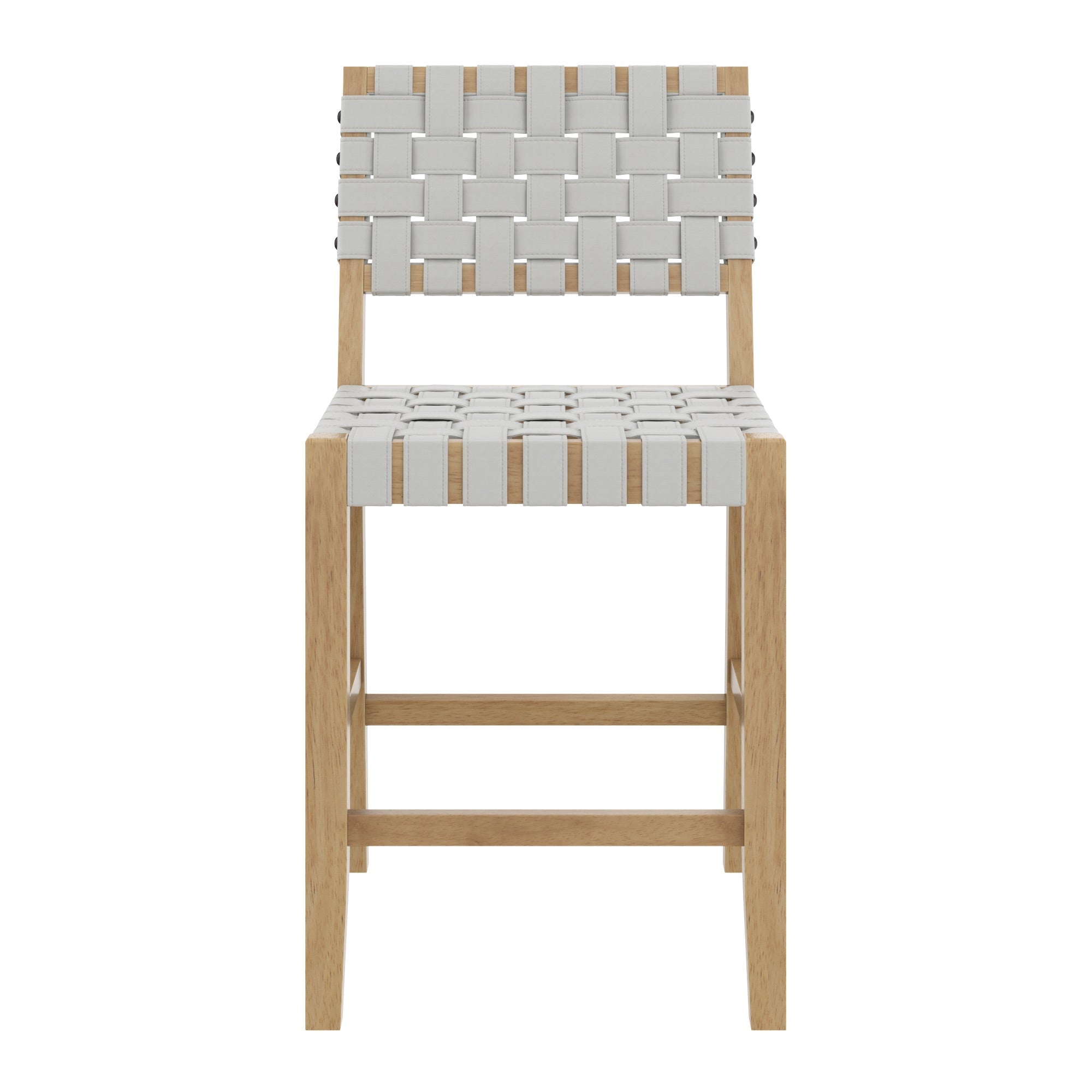 A wooden barstool with a light wood frame and a woven light-gray strap seat and backrest, shown against a white background, facing directly forward.