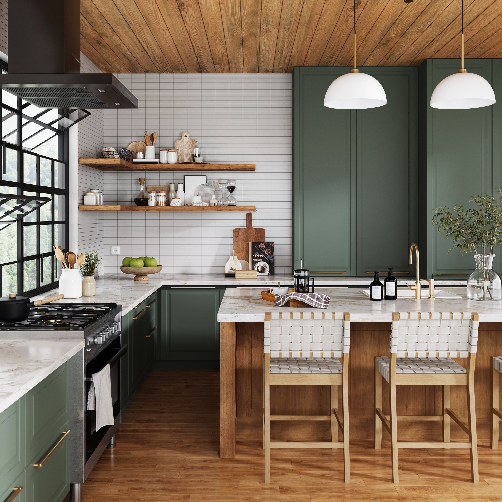 Modern kitchen with green cabinets, wood accents, and white countertops. Open shelves display decor. Two Nathan James Faux Leather Woven Counter Height Bar Stools in off white sit at the island under pendant lights by a large window.