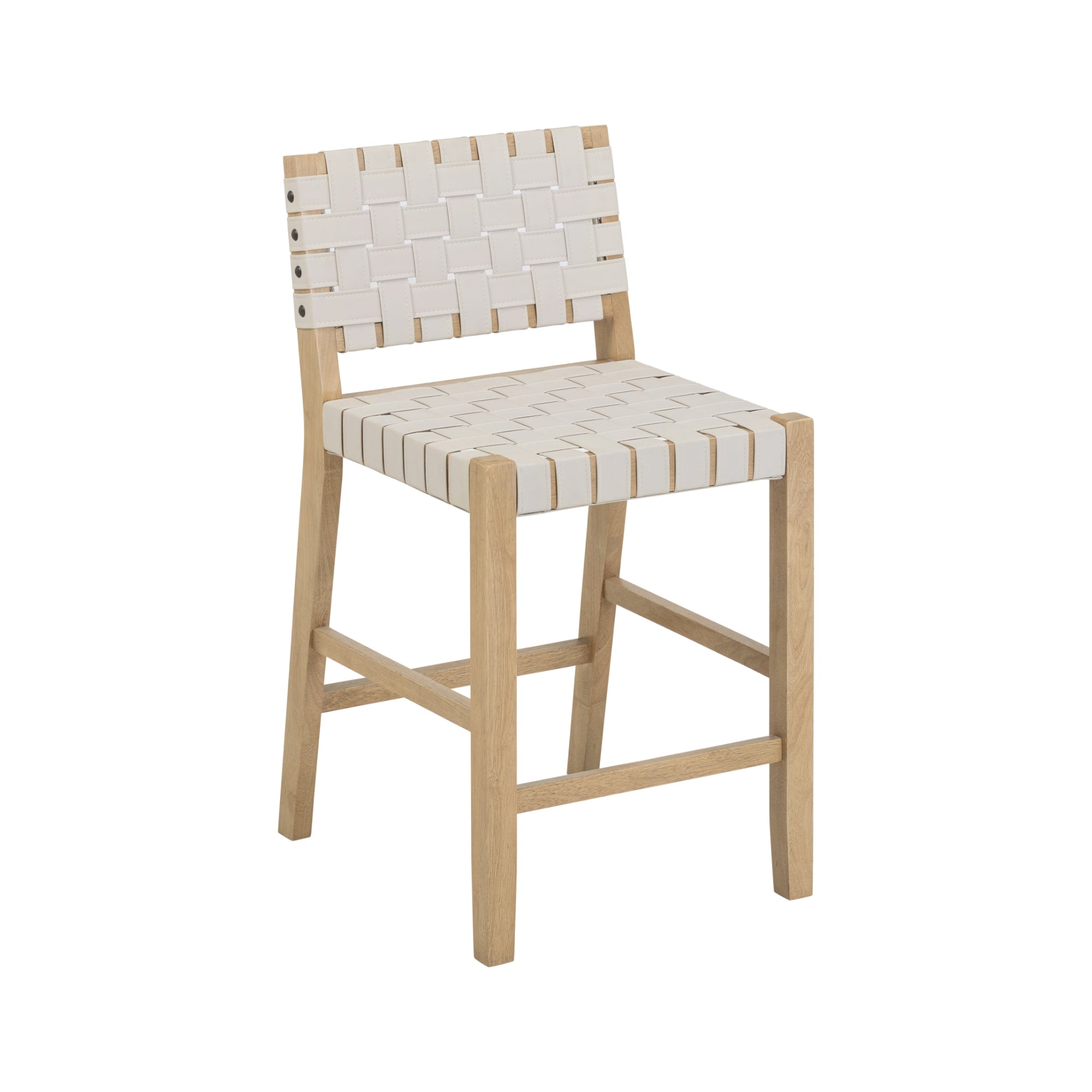 A wooden chair with a light wood frame and a woven white strap seat and backrest, featuring simple, modern design and four legs with crossbars for support.