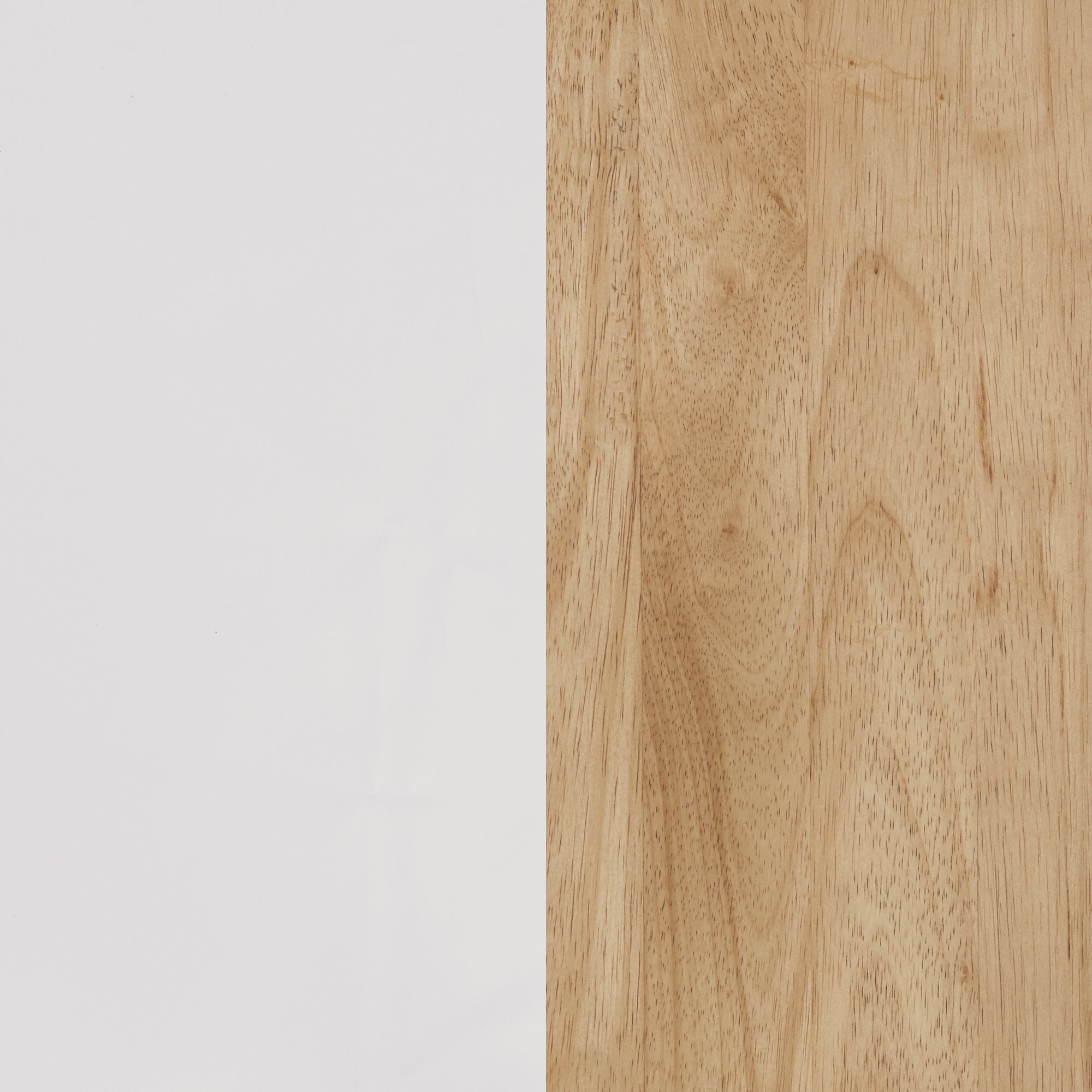 A vertical split image showing a plain white surface on the left and a light brown wooden texture on the right.