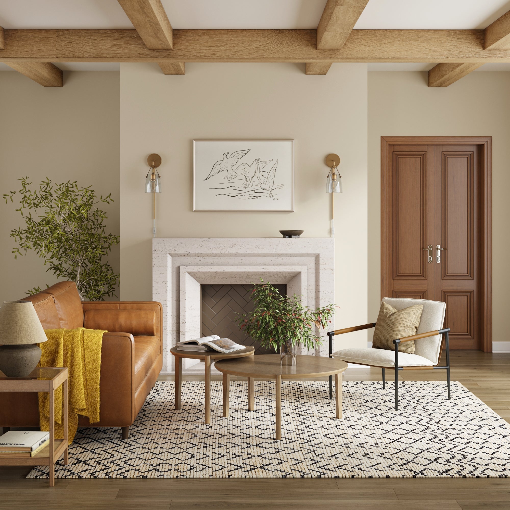 A modern living room with a tan leather sofa, Nathan James Boucle Fabric & Metal Accent Chair, patterned rug, coffee tables, potted plants, fireplace, beige walls, wood beam ceiling, wall art, and double wooden doors for a cozy ambiance.