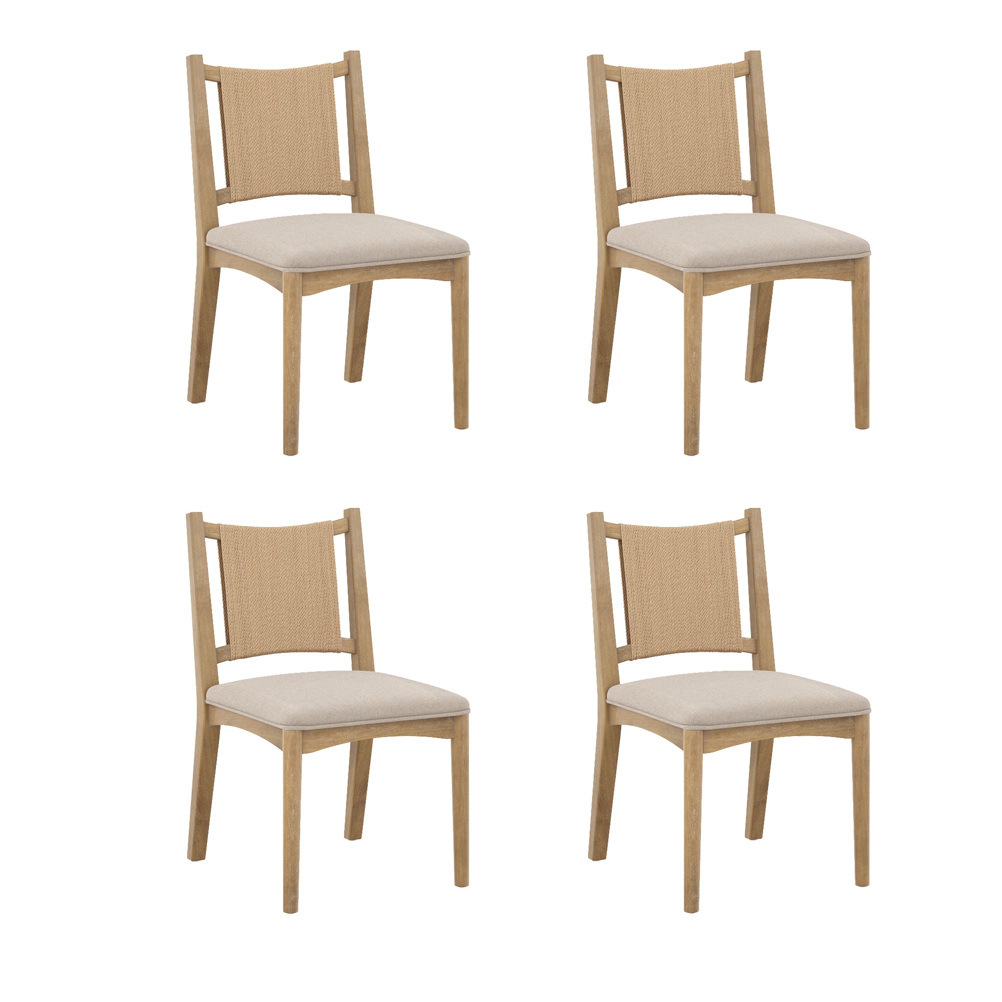 Four wooden dining chairs with light beige cushioned seats and woven backrests, arranged in a 2x2 grid on a white background.