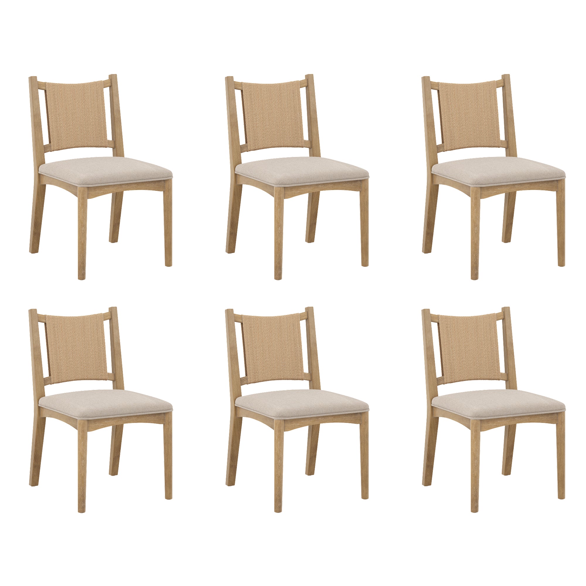 Six identical wooden dining chairs with beige upholstered seats are arranged in two rows of three against a white background. The chairs have simple, modern designs with straight legs and a rectangular backrest.