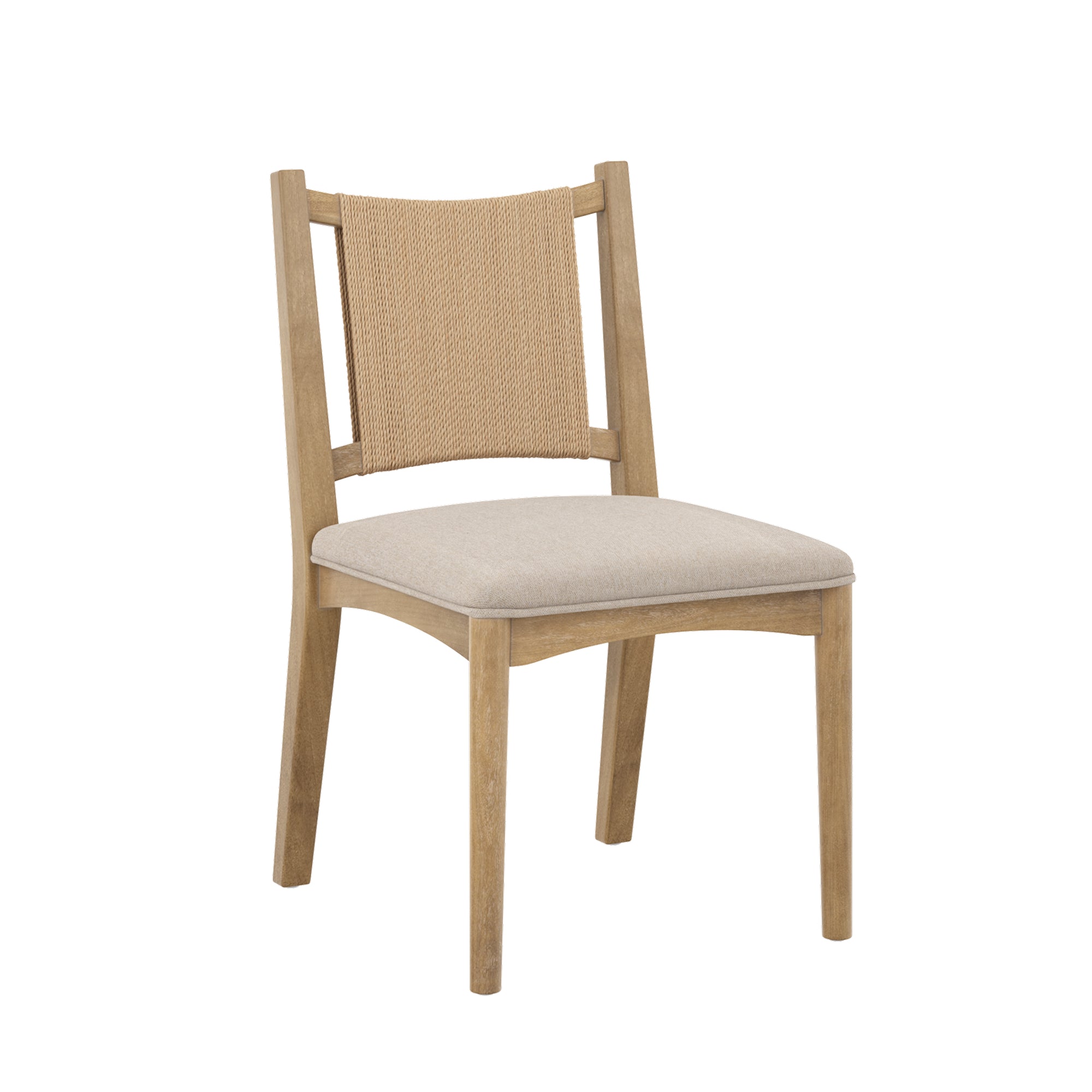 A wooden chair with a light beige upholstered seat and a woven rattan backrest, featuring simple, clean lines and a natural wood finish.