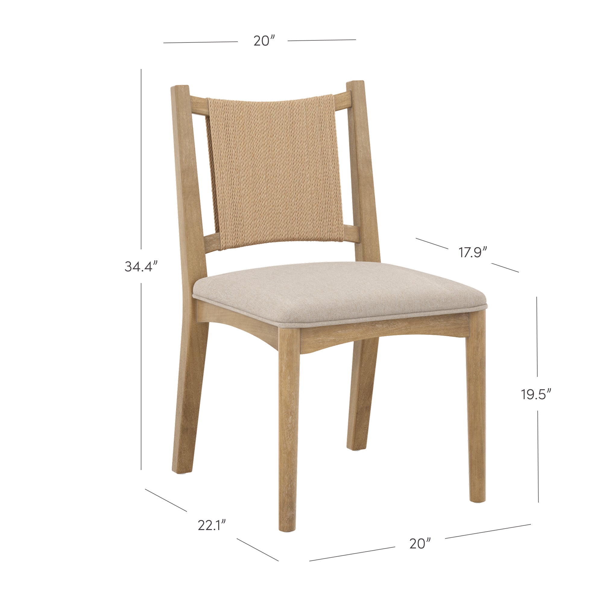 A wooden chair with a woven backrest and cushioned seat, shown with dimensions: 34.4 height, 20 width, 22.1 depth, seat height 19.5, and backrest height 17.9.