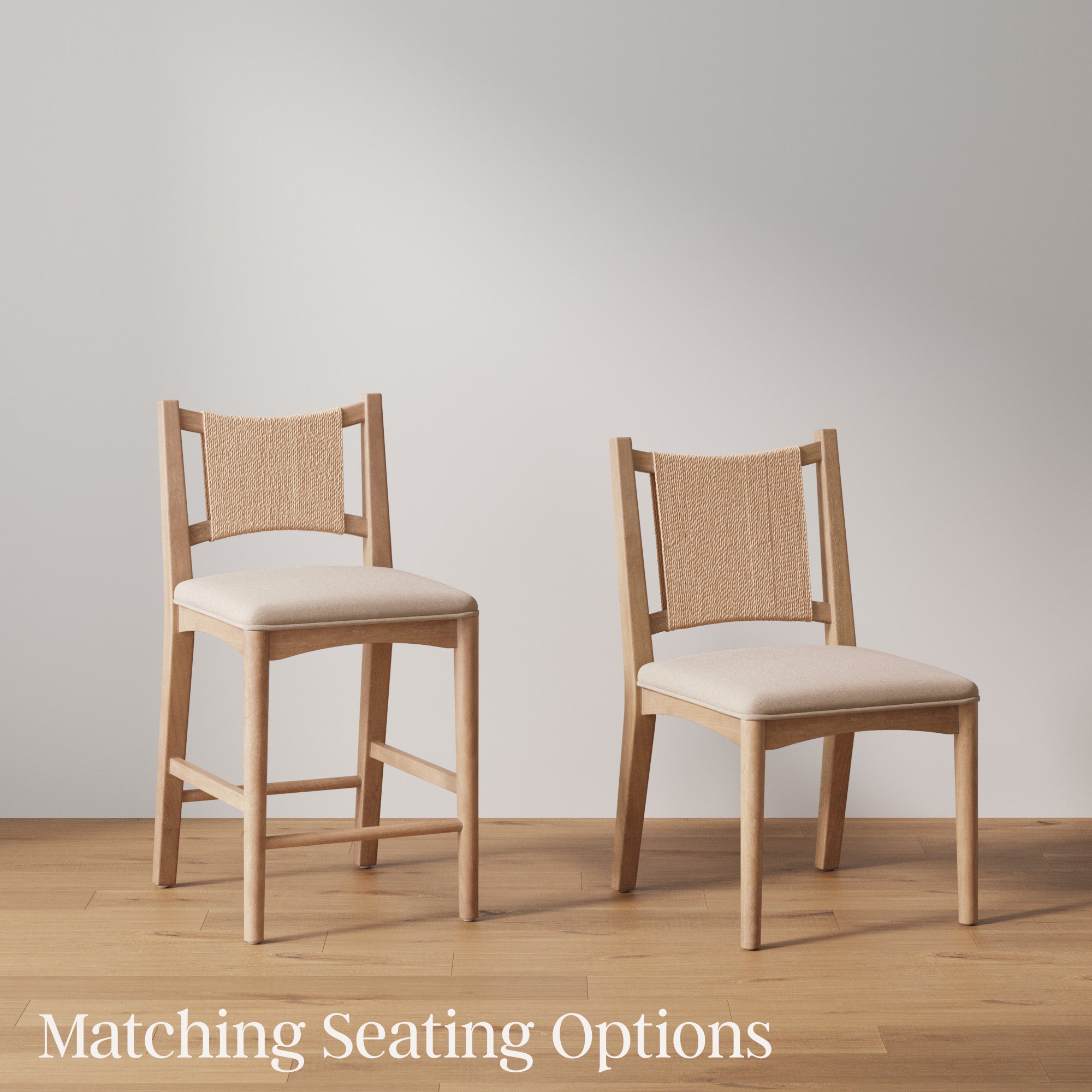 Two light wood chairs with woven backrests and beige upholstered seats are placed on a wooden floor against a plain light wall. Text at the bottom reads Matching Seating Options.