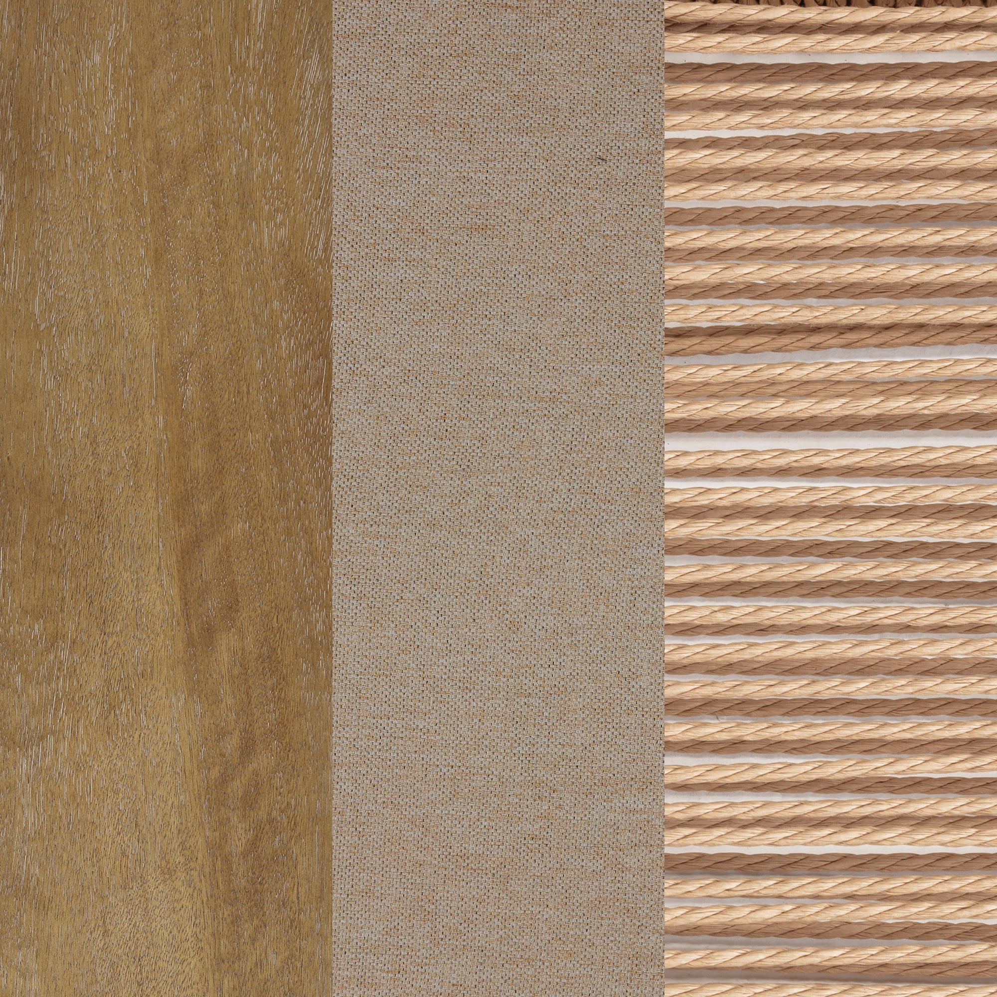 Three vertical sections: a textured wood panel on the left, a beige woven fabric in the center, and a series of horizontal wooden slats with gaps on the right.