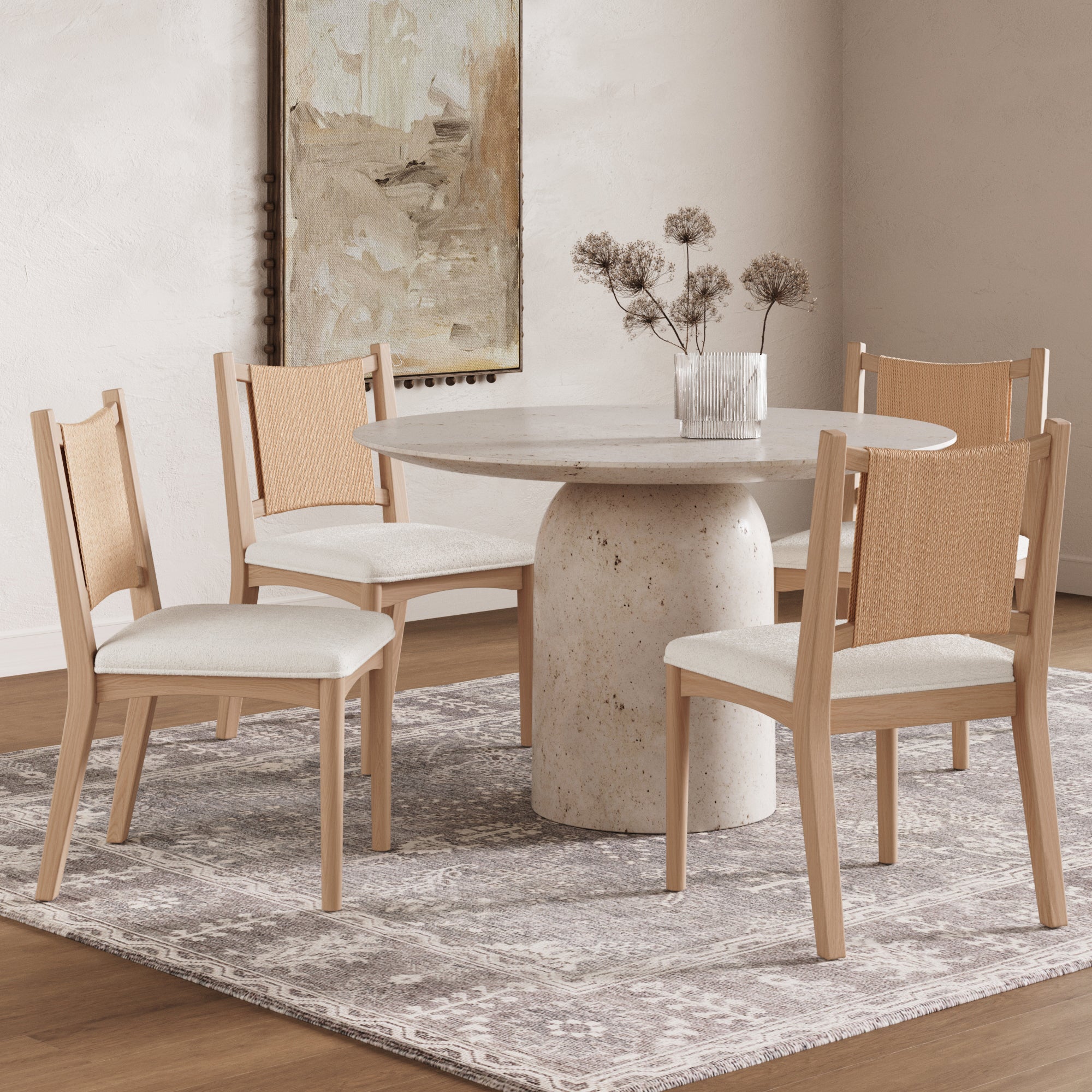 Arched Back Seagrass Boucle Dining Chair Raw Oak (Set of 4)