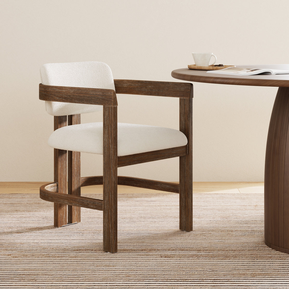 Modern Boucle Wood Dining Chair w/ Curved Back Dark Brown - Nathan James