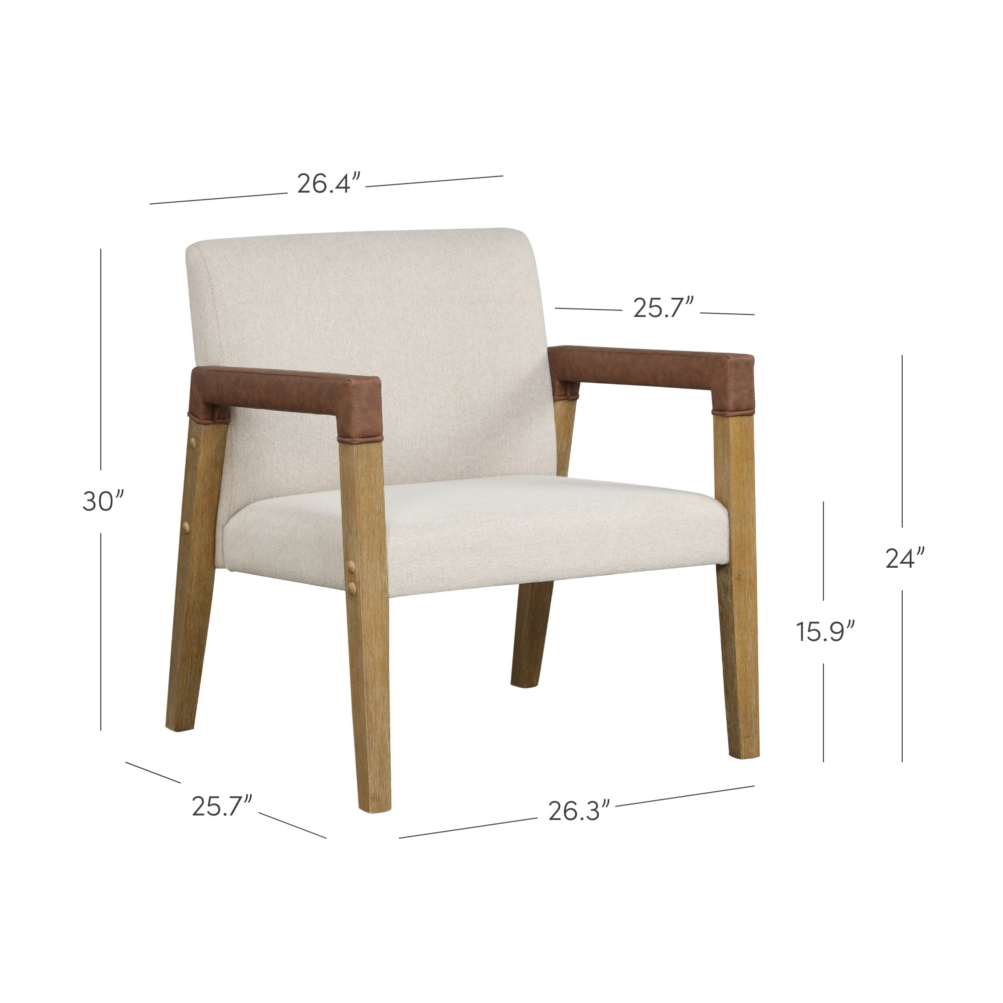 Beige upholstered armchair with wooden frame and brown accents; dimensions are 30 high, 26.4 wide, 25.7 deep, arm height 24, seat height 15.9, seat depth 26.3.