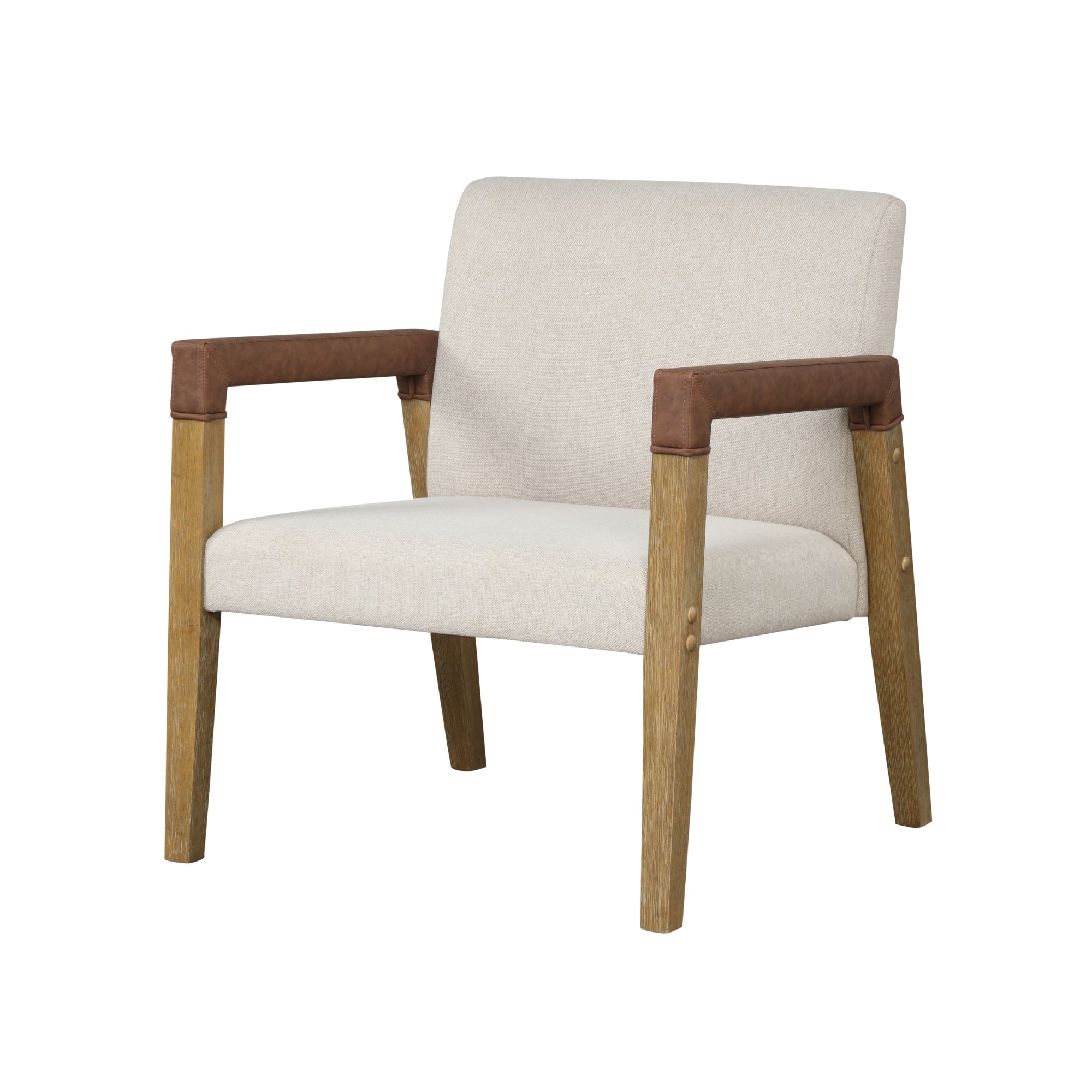 A modern armchair with light beige upholstered seat and backrest, wooden legs, and brown padding on the armrests, set against a plain white background.