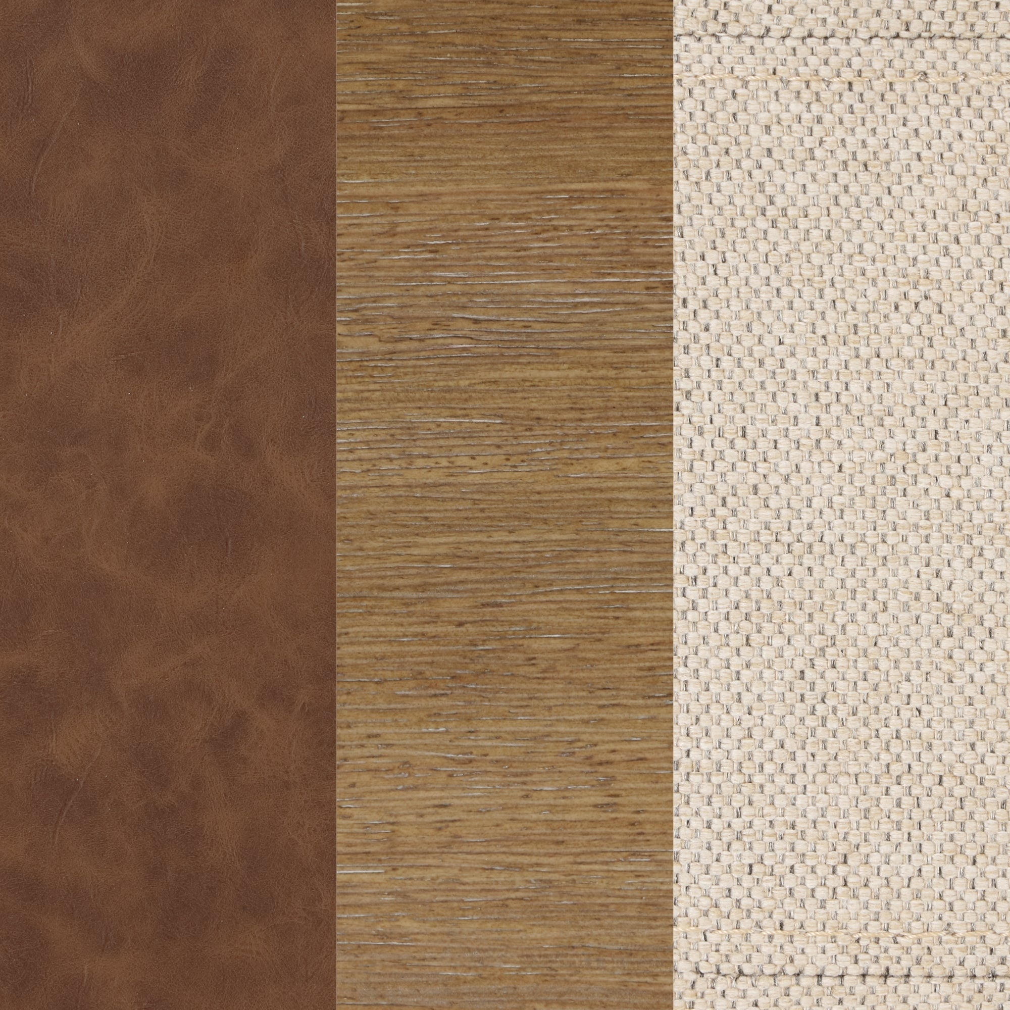 A close-up image showing three vertical strips: brown leather on the left, medium-tone wood in the center, and beige woven fabric on the right.