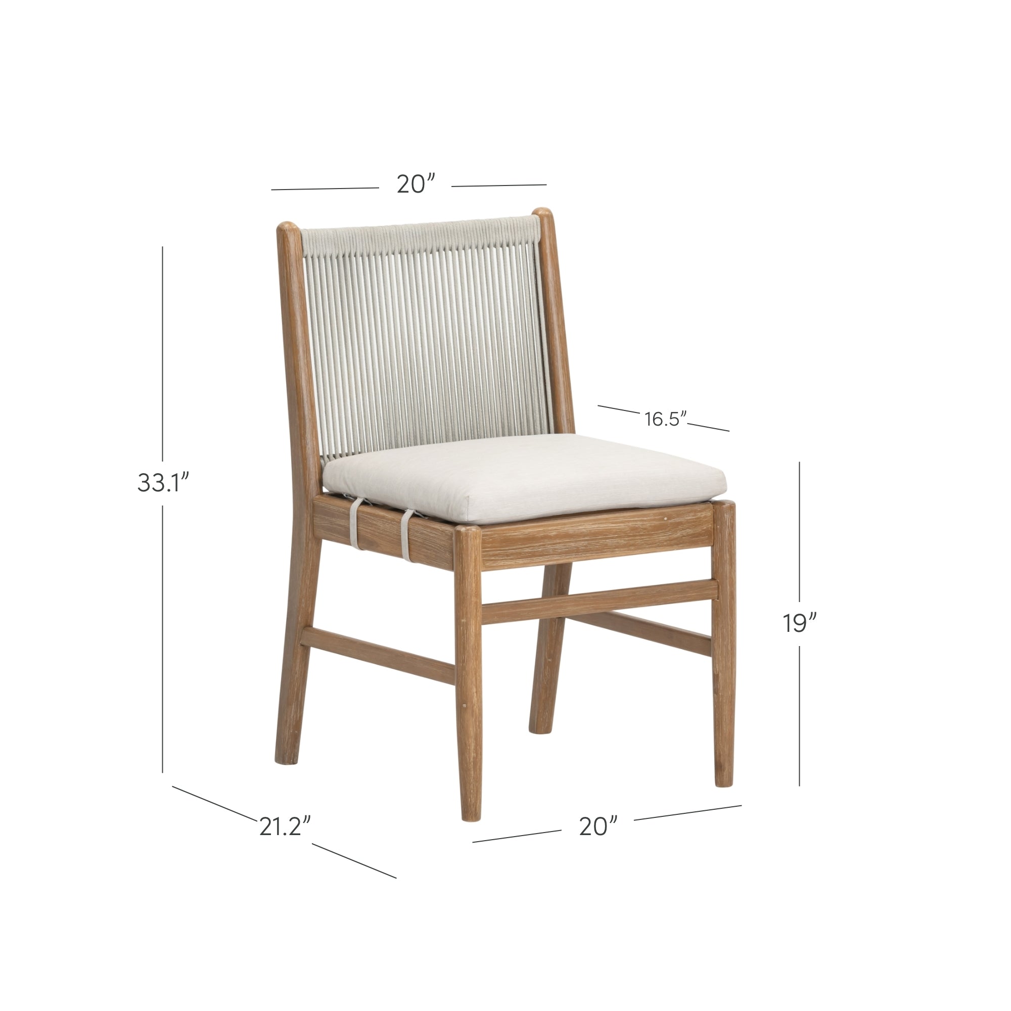 Wooden chair with light-colored rope backrest and cushioned seat. Dimensions are 33.1 high, 20 wide, 21.2 deep; seat height is 19, and backrest height is 16.5.