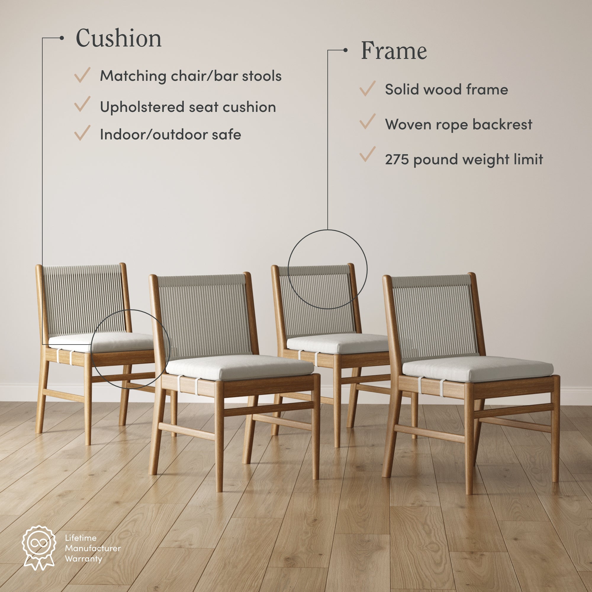 Four wooden chairs with light gray upholstered cushions and woven rope backrests are arranged in a well-lit room. Text highlights the chairs features and specifications above and beside them on the wall.