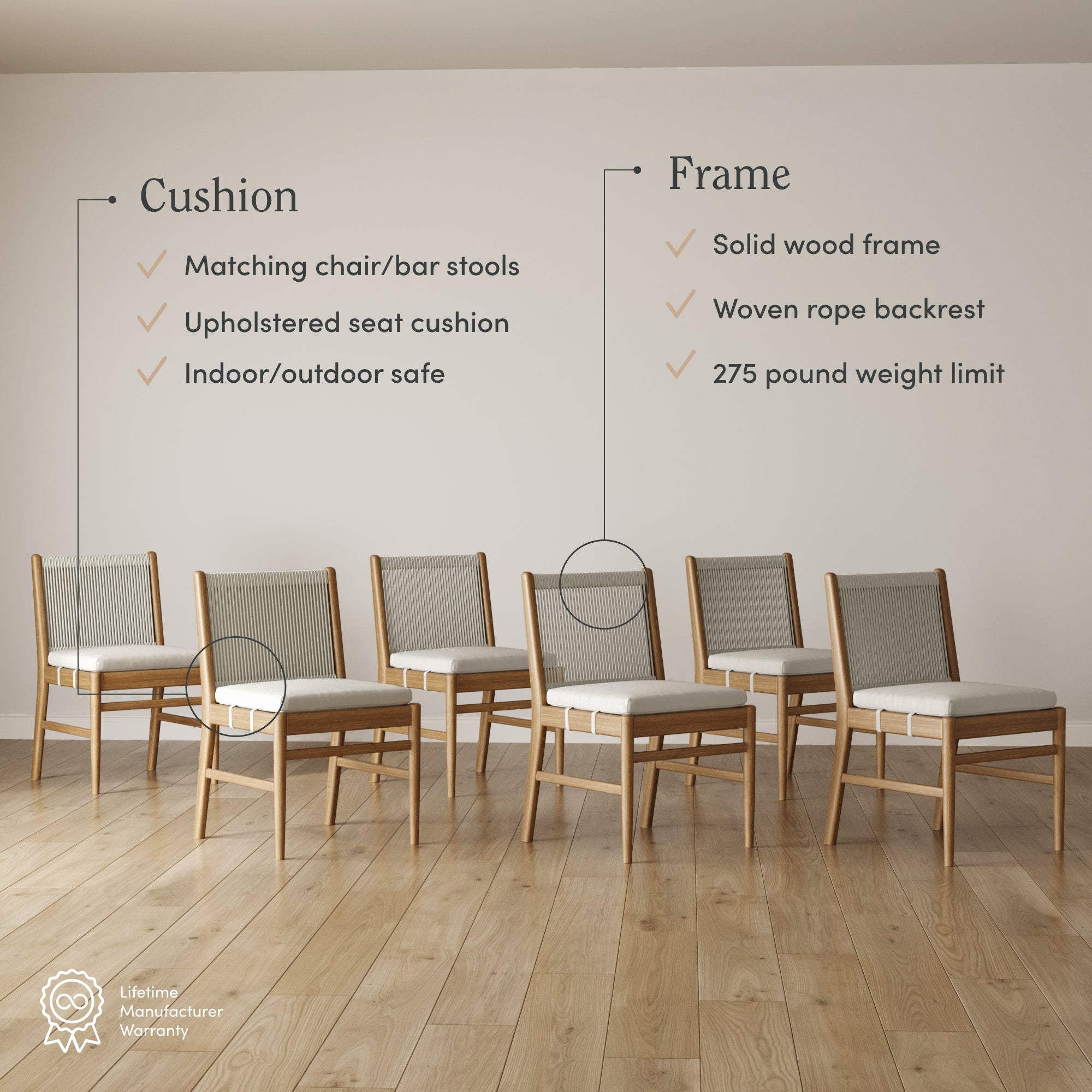 Six wooden chairs with light-colored upholstered seats and woven rope backrests are arranged in a row. Text highlights features of the chairs’ cushions and frames on a plain wall behind them.