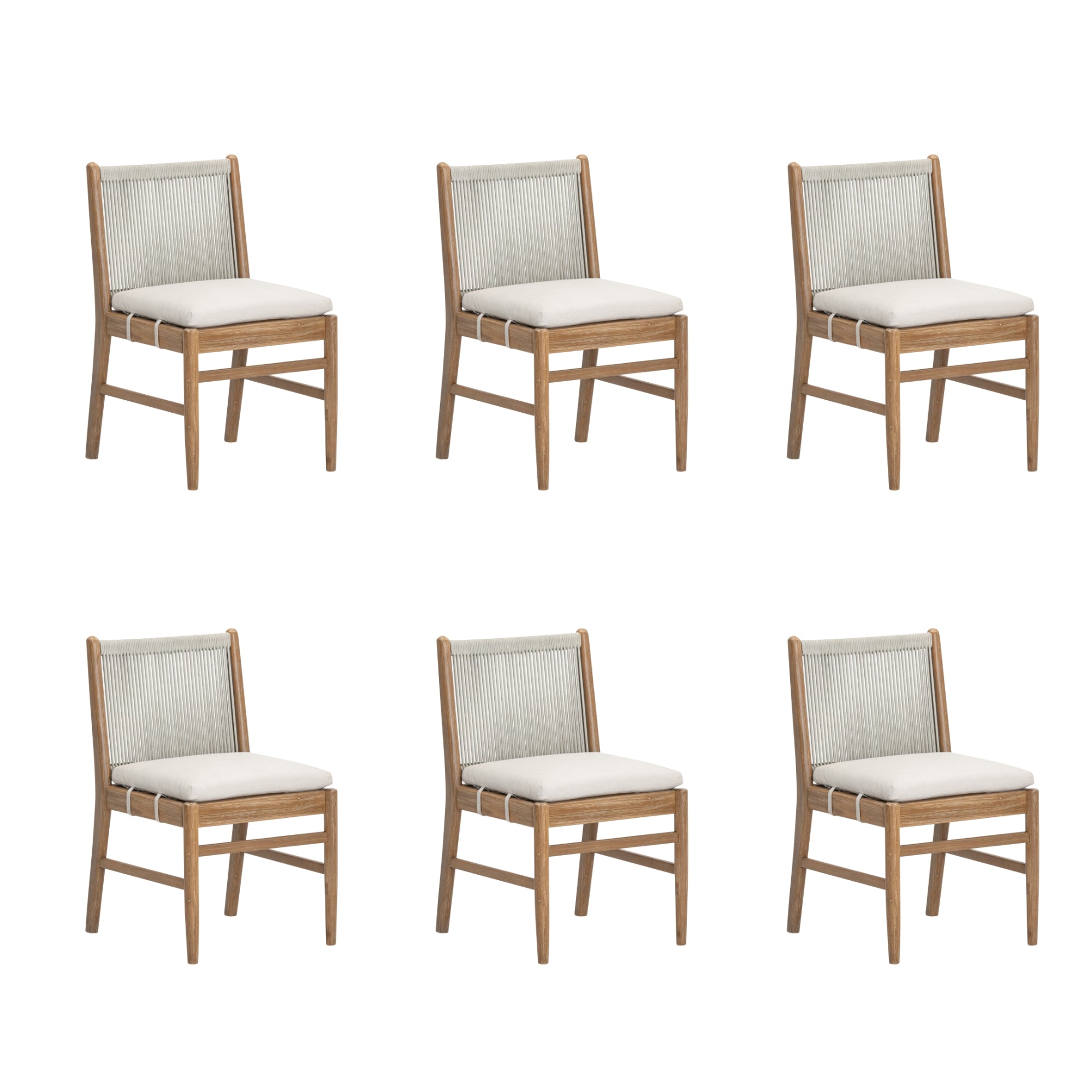 Six wooden dining chairs with beige cushioned seats and light-colored rope backs are arranged in two rows of three, against a white background.