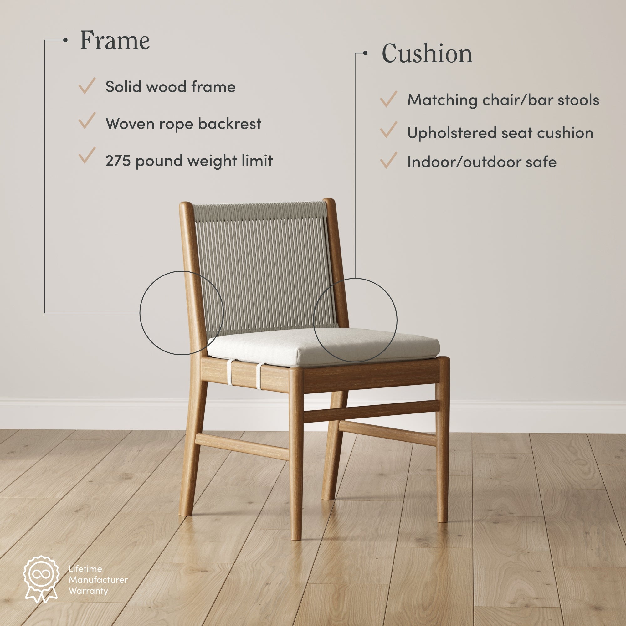 Mid-century style wooden chair with a woven rope backrest and upholstered seat cushion on a wood floor, next to text listing features like a solid wood frame, matching cushions, and a 275-pound weight limit.