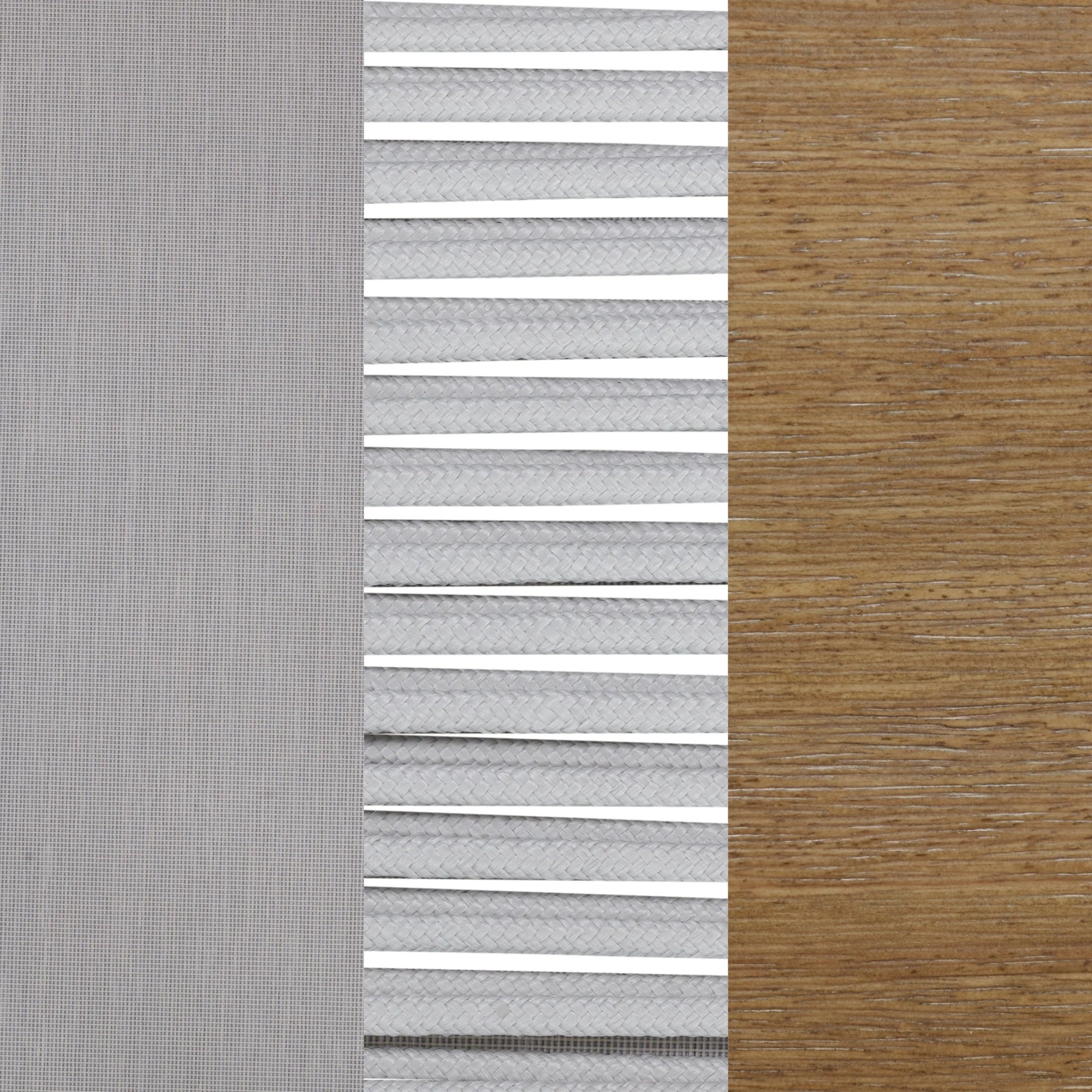 A photo showing three vertical sections: a fine gray mesh on the left, a middle section with alternating horizontal silver and white lines, and a wooden surface with a natural grain on the right.