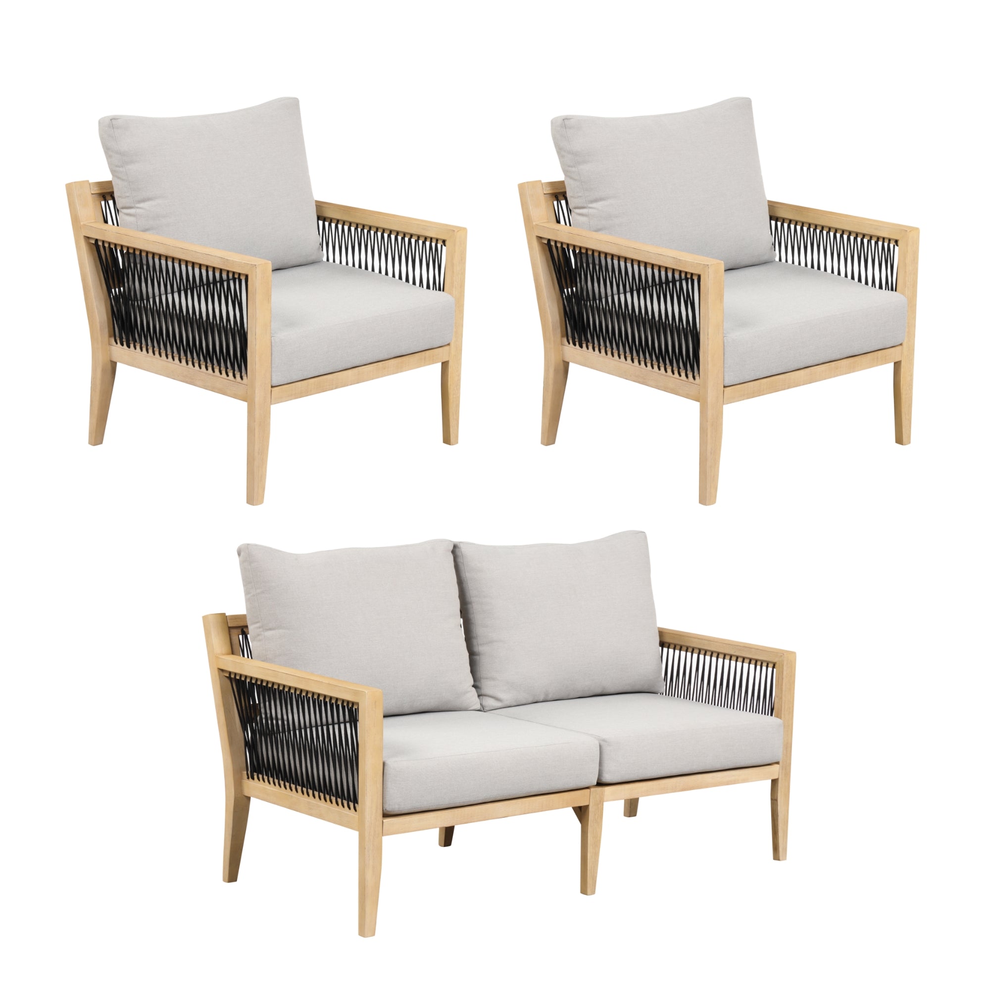 The Nathan James Outdoor 3 Piece Wood Patio Set features an acacia loveseat and chairs with black woven sides and weather-resistant light gray cushions, all displayed on a white background.