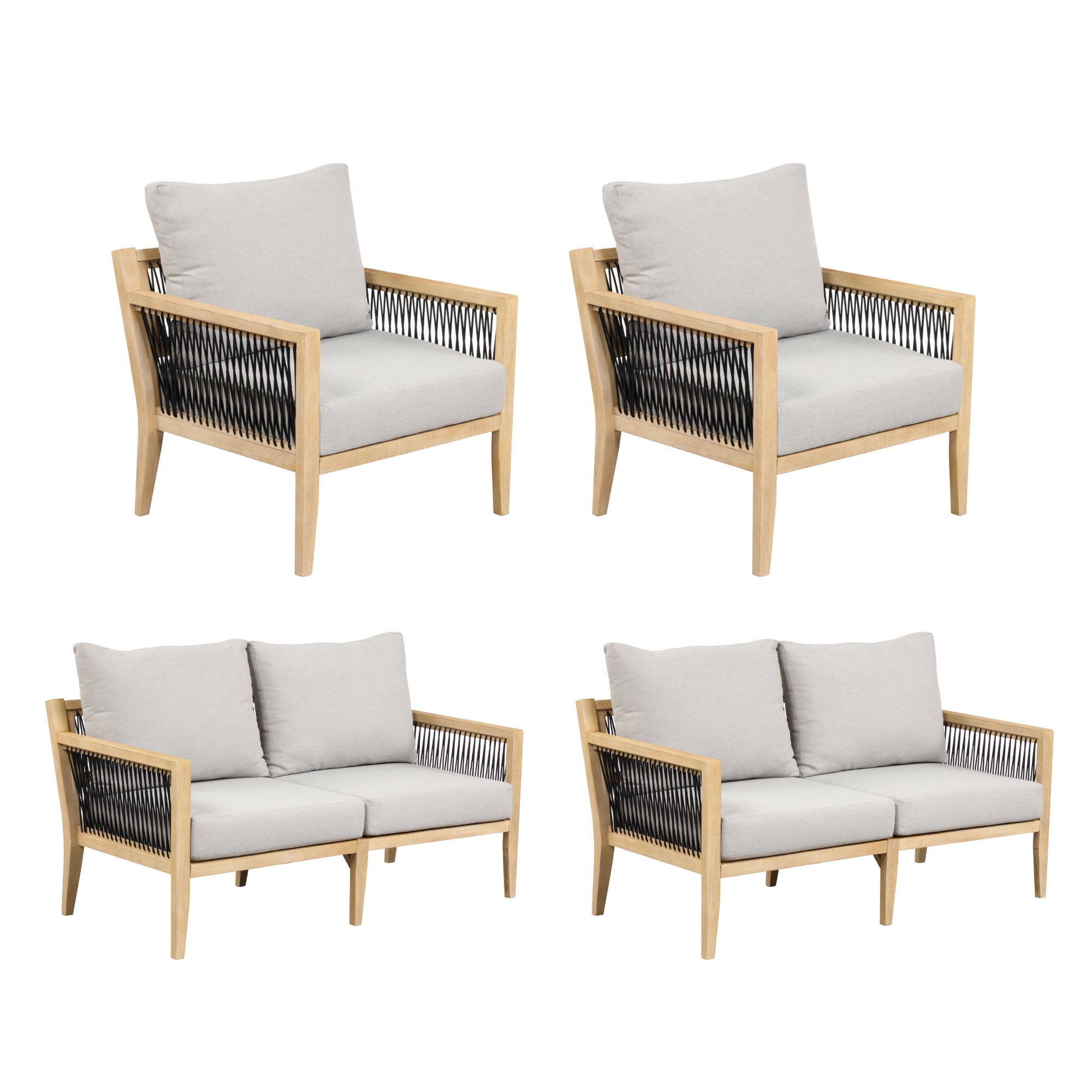 The Nathan James Outdoor 4 Piece Wood Patio Set features two armchairs and two loveseats with light acacia frames, black woven sides, and weather-resistant cushions, displayed on a white background.
