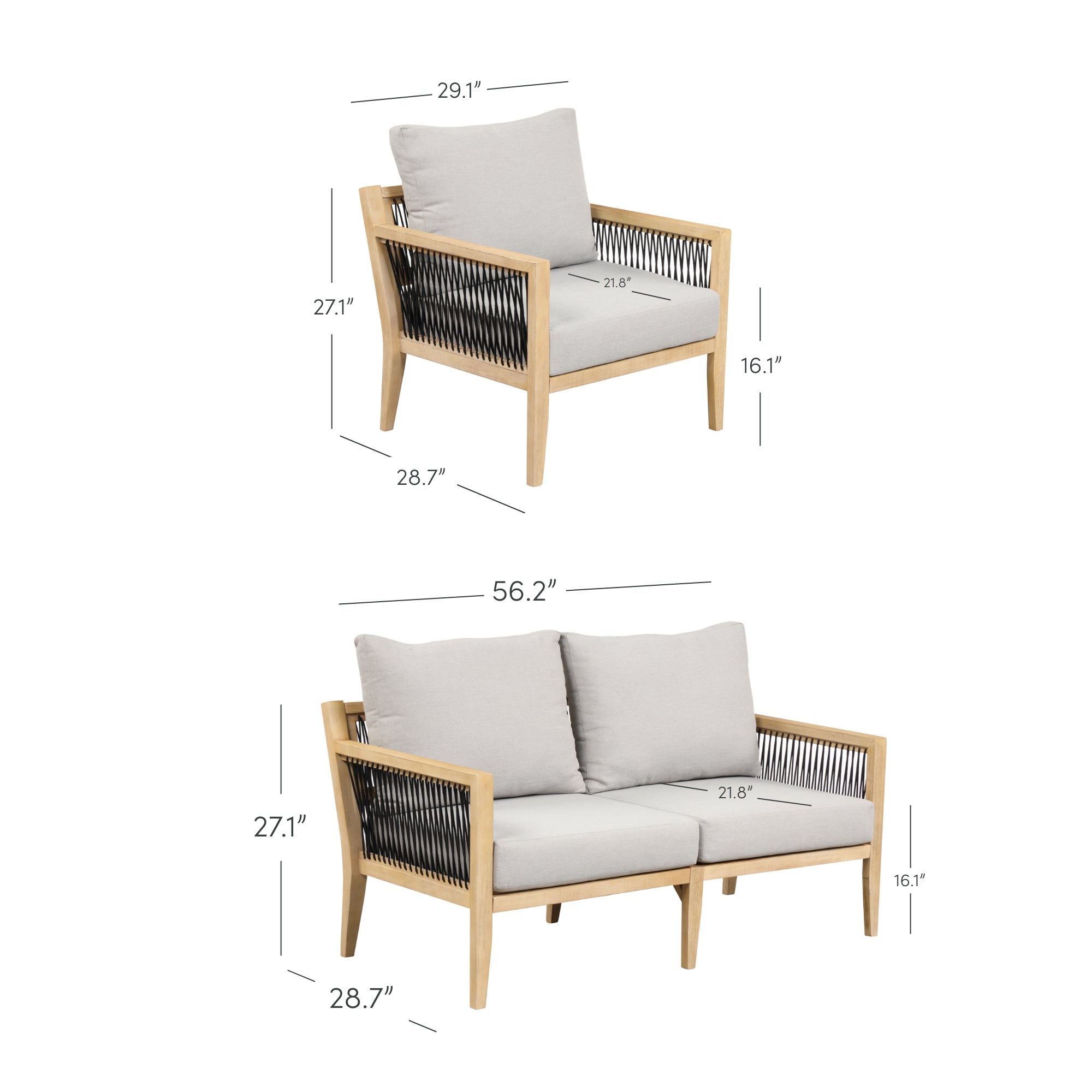 The Nathan James Outdoor 3 Piece Wood Patio Set features a loveseat (56.2 wide) and single chair (29.1 wide) with 16.1 seat heights, weather-resistant cushions, black rope accents, and durable acacia wood frames for stylish outdoor seating.