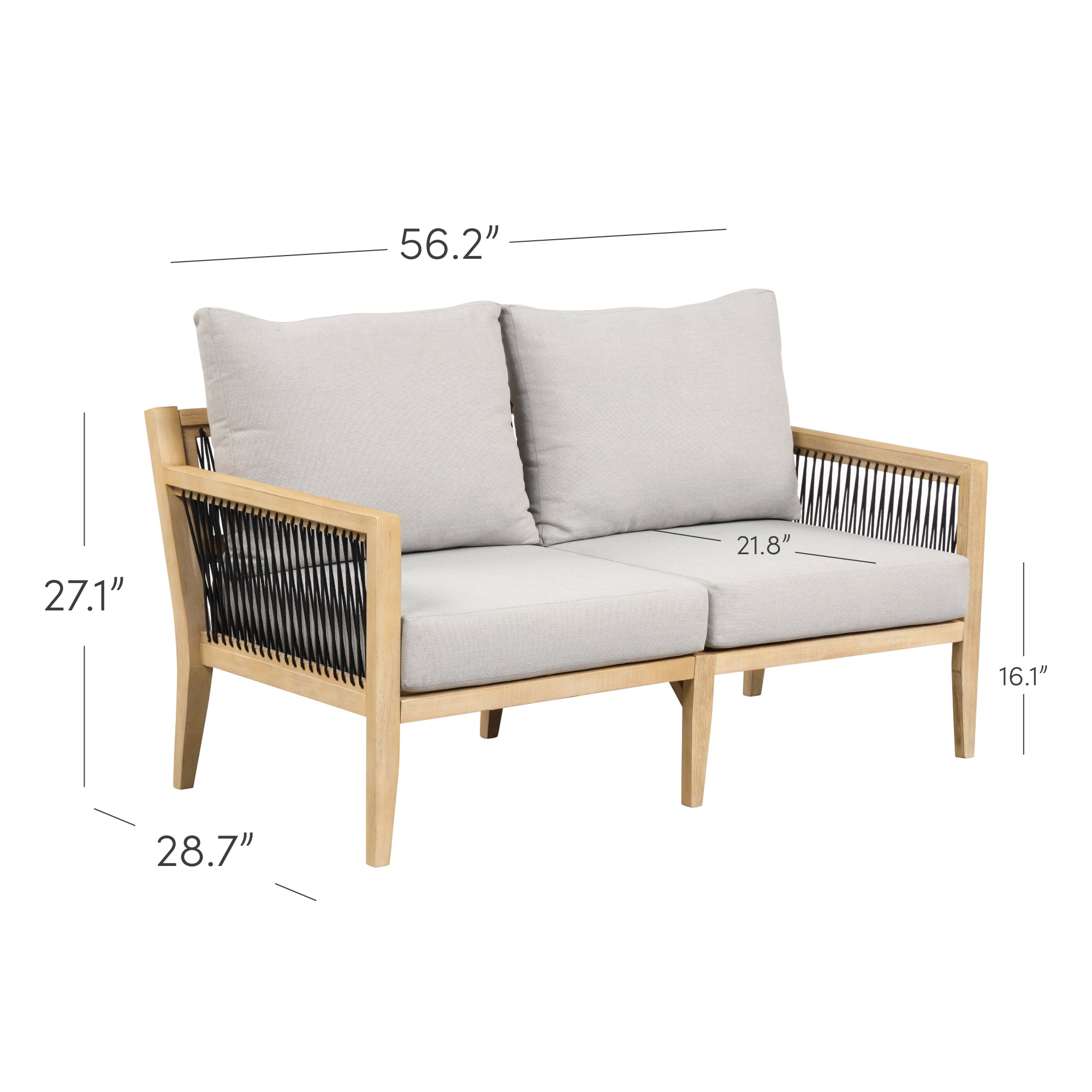 A modern outdoor loveseat with light wood frame, black rope sides, and light gray cushions. Dimensions labeled: 56.2 wide, 28.7 deep, 27.1 high, seat height 16.1, and seat depth 21.8.
