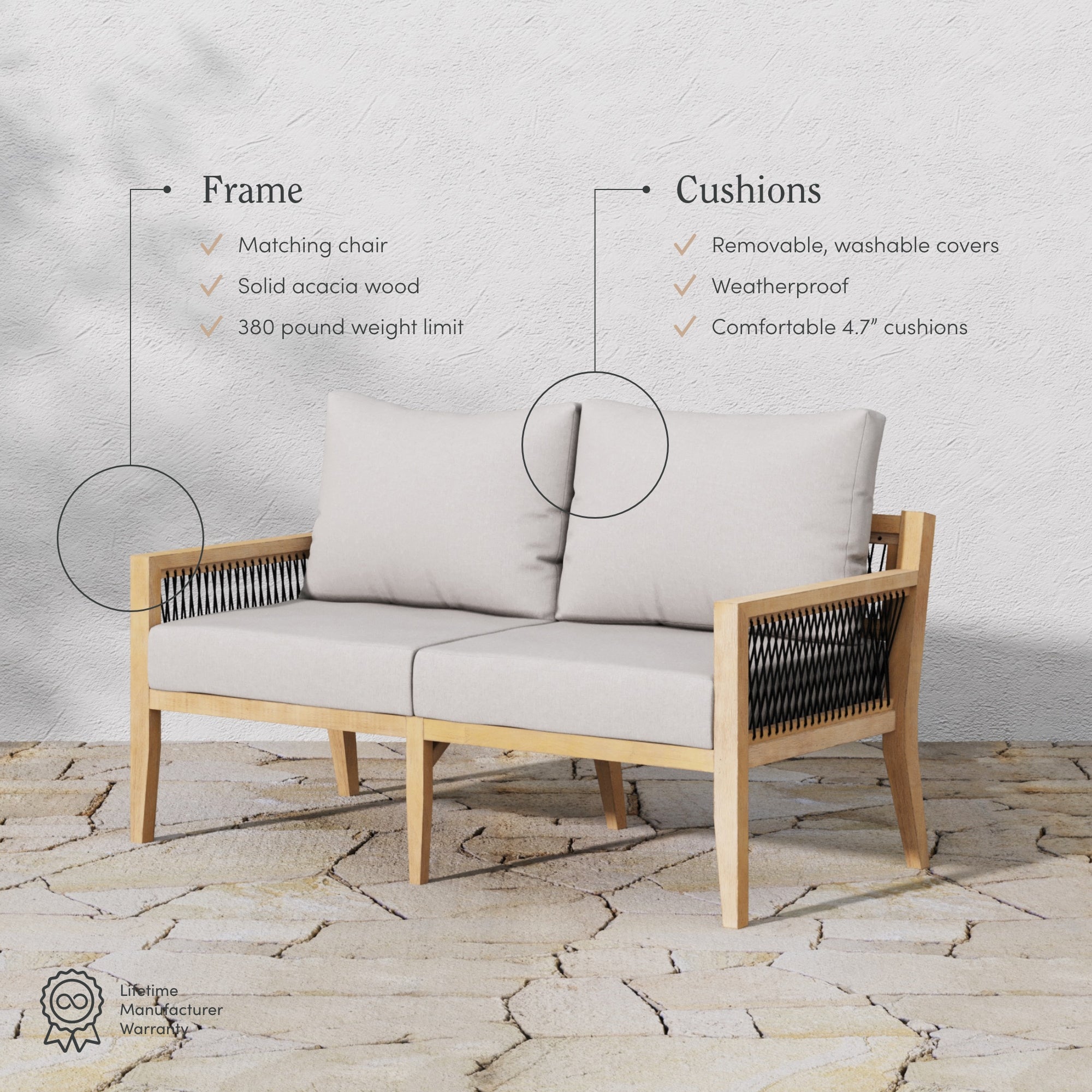 The Nathan James Outdoor Solid Wood Patio Loveseat Gray Acacia features a sturdy acacia frame, weather-resistant removable beige cushions, supports up to 380 lbs, and adds style to patios or against a white wall.