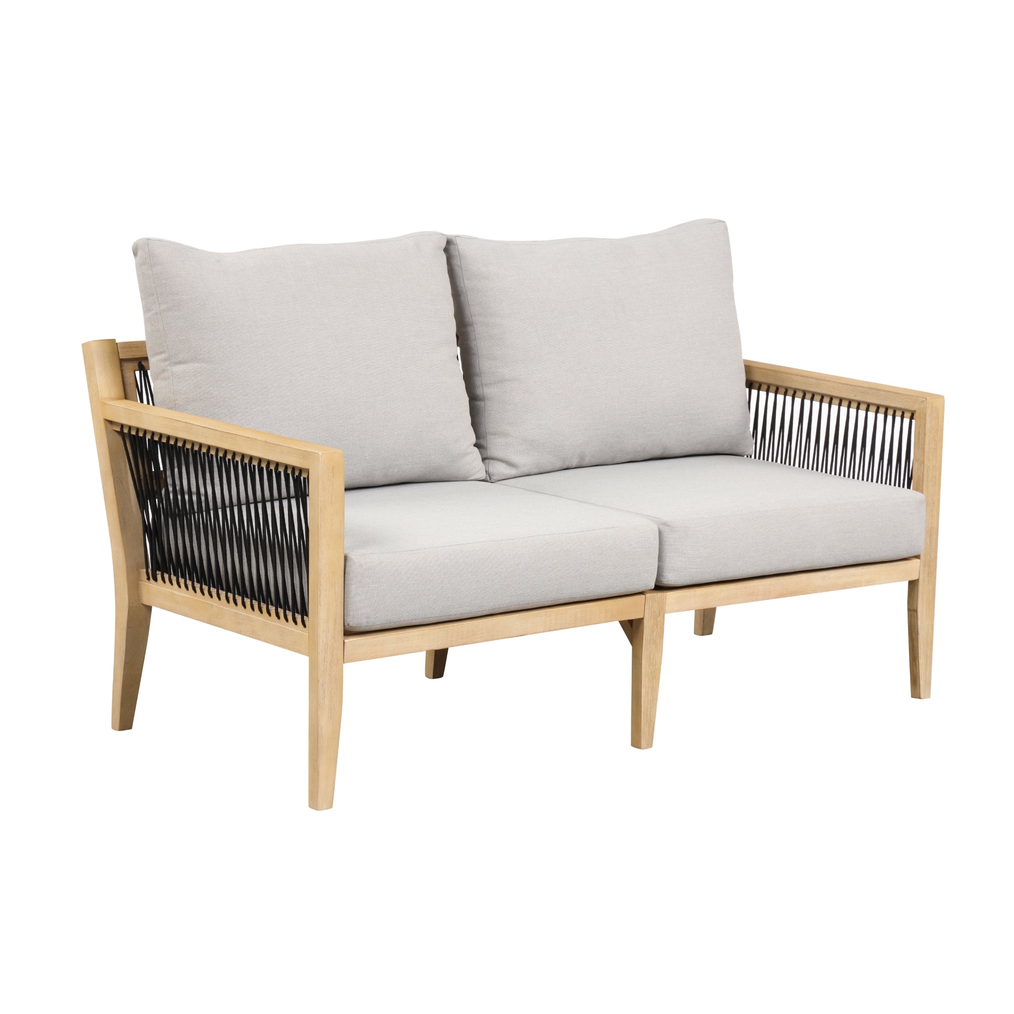 A modern loveseat with a light wood frame, light gray cushions, and black rope detailing along the sides and back. The design is contemporary and suitable for indoor or outdoor use.