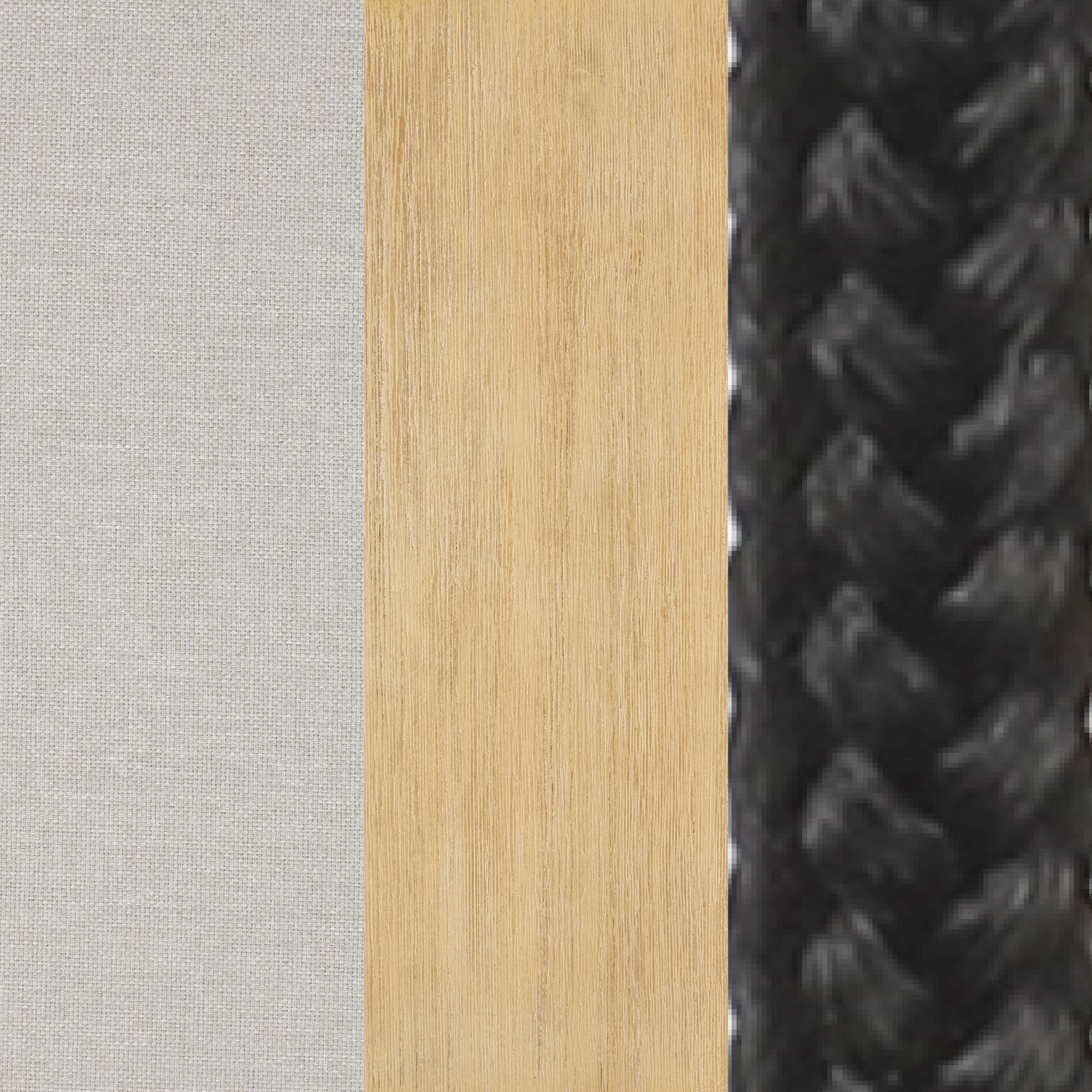 Three vertical sections showing different textures: light gray fabric on the left, light wood in the center, and thick black braided rope on the right.