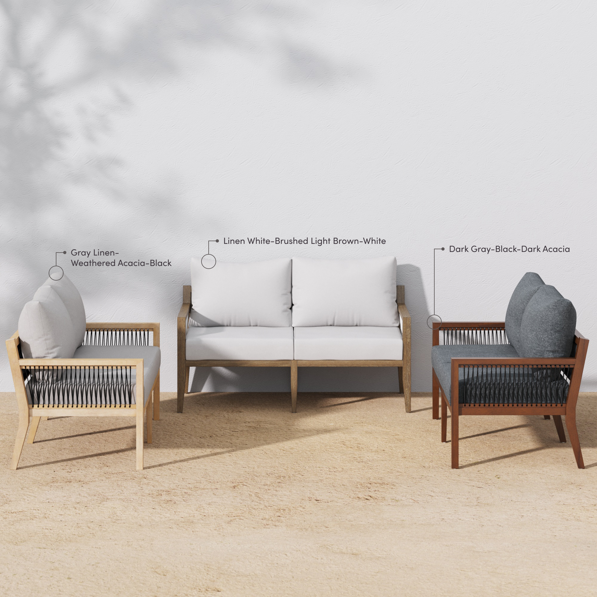 Outdoor seating set on a sandy surface with two armchairs and a two-seater sofa. Each piece has wood frames and cushions in shades of gray and white; material and color details are labeled above each item.