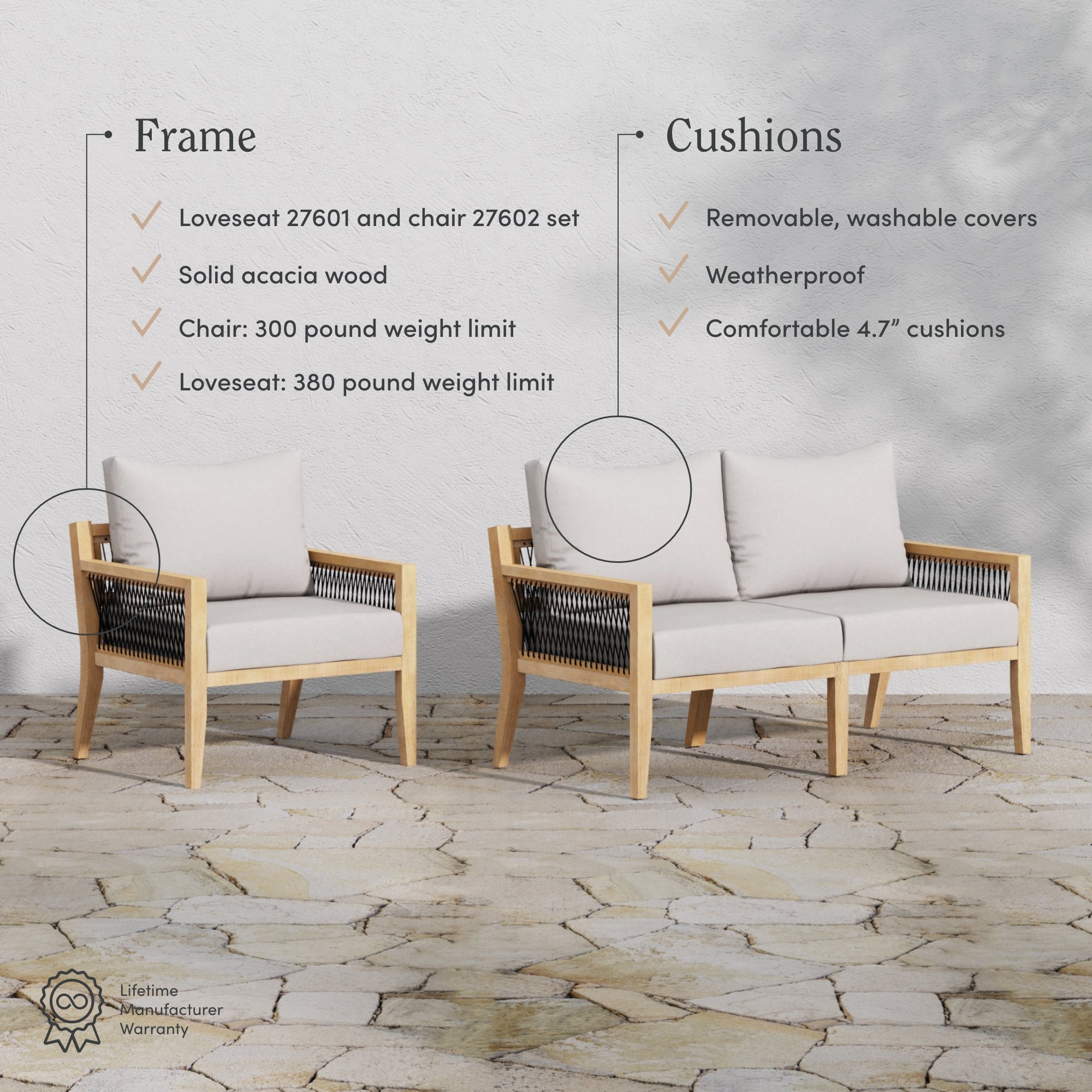 Two outdoor loveseats with wooden frames, rope sides, and light gray cushions are positioned on a stone patio against a white wall. Text highlights features: solid acacia wood, weight limits, removable covers, weatherproof, and comfort.