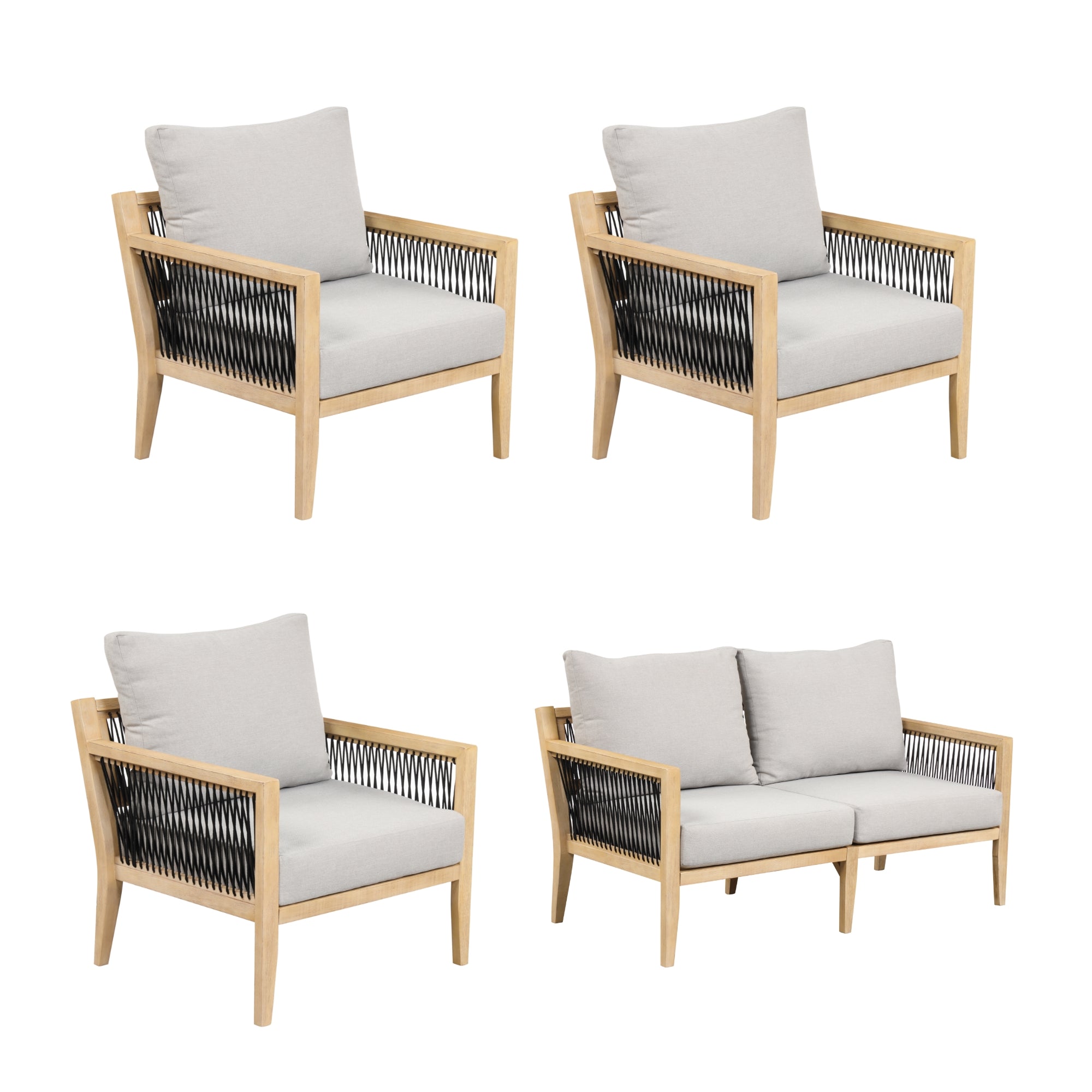 Four pieces of modern outdoor furniture: three armchairs and one two-seater sofa with light wood frames, light gray cushions, and black woven rope side accents, all set against a white background.