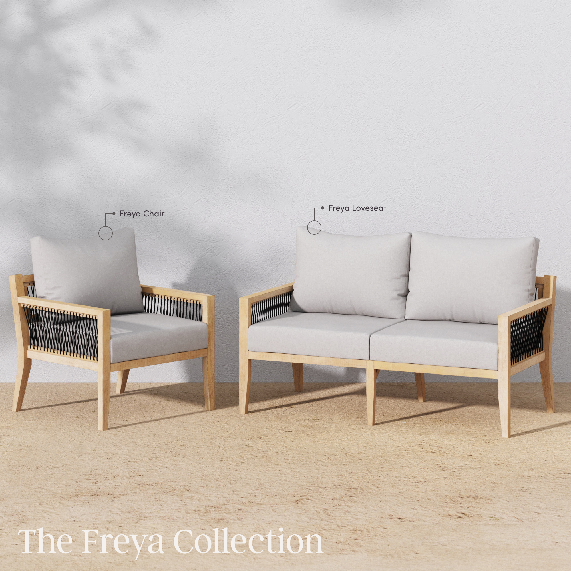 A light wood-framed armchair and a two-seat loveseat with pale cushions, shown side by side on a textured surface. Text labels identify them as Freya Chair and Freya Loveseat. Text reads, The Freya Collection.