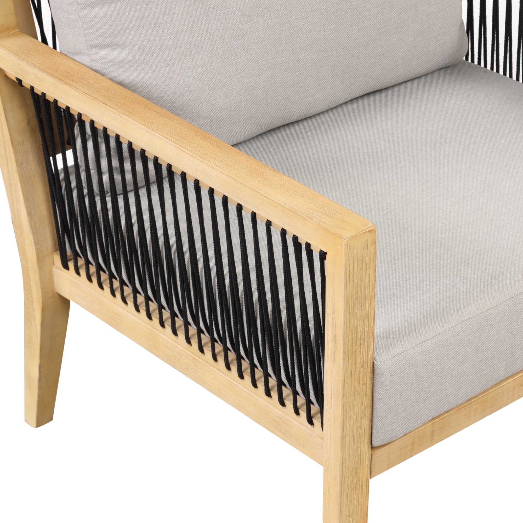 Close-up of a modern wooden armchair with light gray cushions and black rope detailing on the sides and back. The design highlights the contrast between the light wood, neutral fabric, and dark rope accents.
