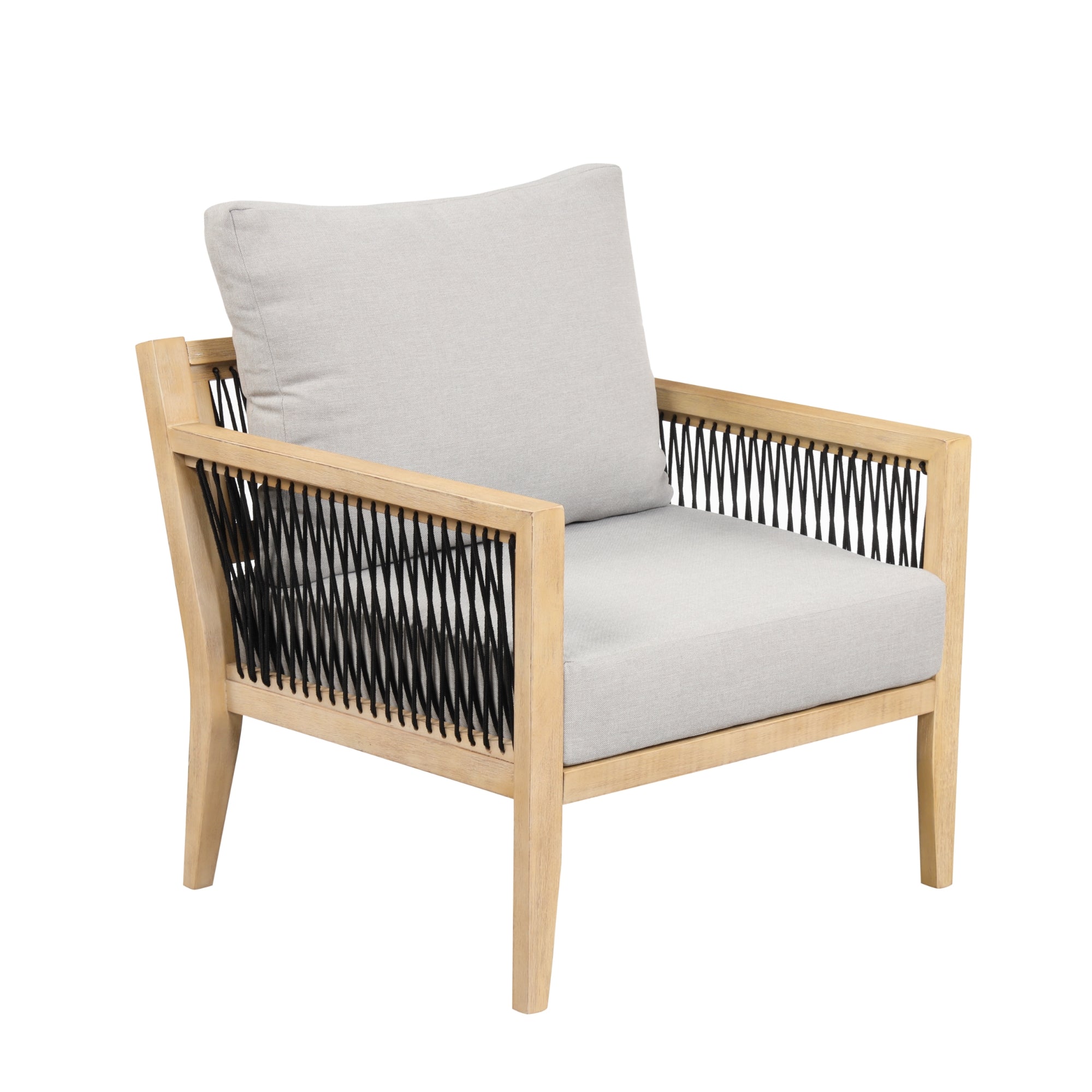A modern armchair with a light wood frame, light gray cushioned seat and backrest, and black woven rope sides and back.