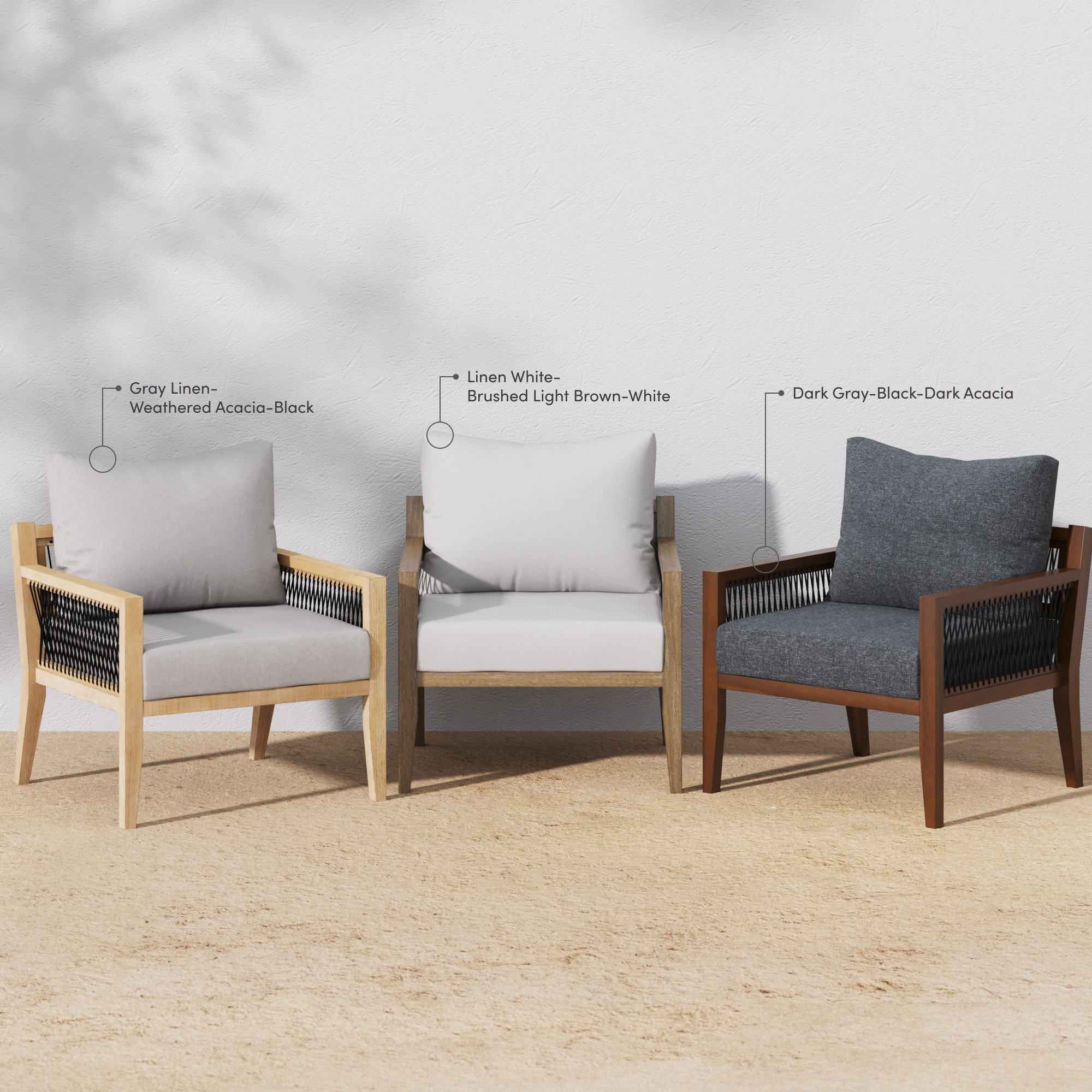Three modern armchairs are displayed outdoors. From left to right, they feature: light wood with gray cushions, light brown wood with white cushions, and dark brown wood with dark gray cushions. Labels show their material details.