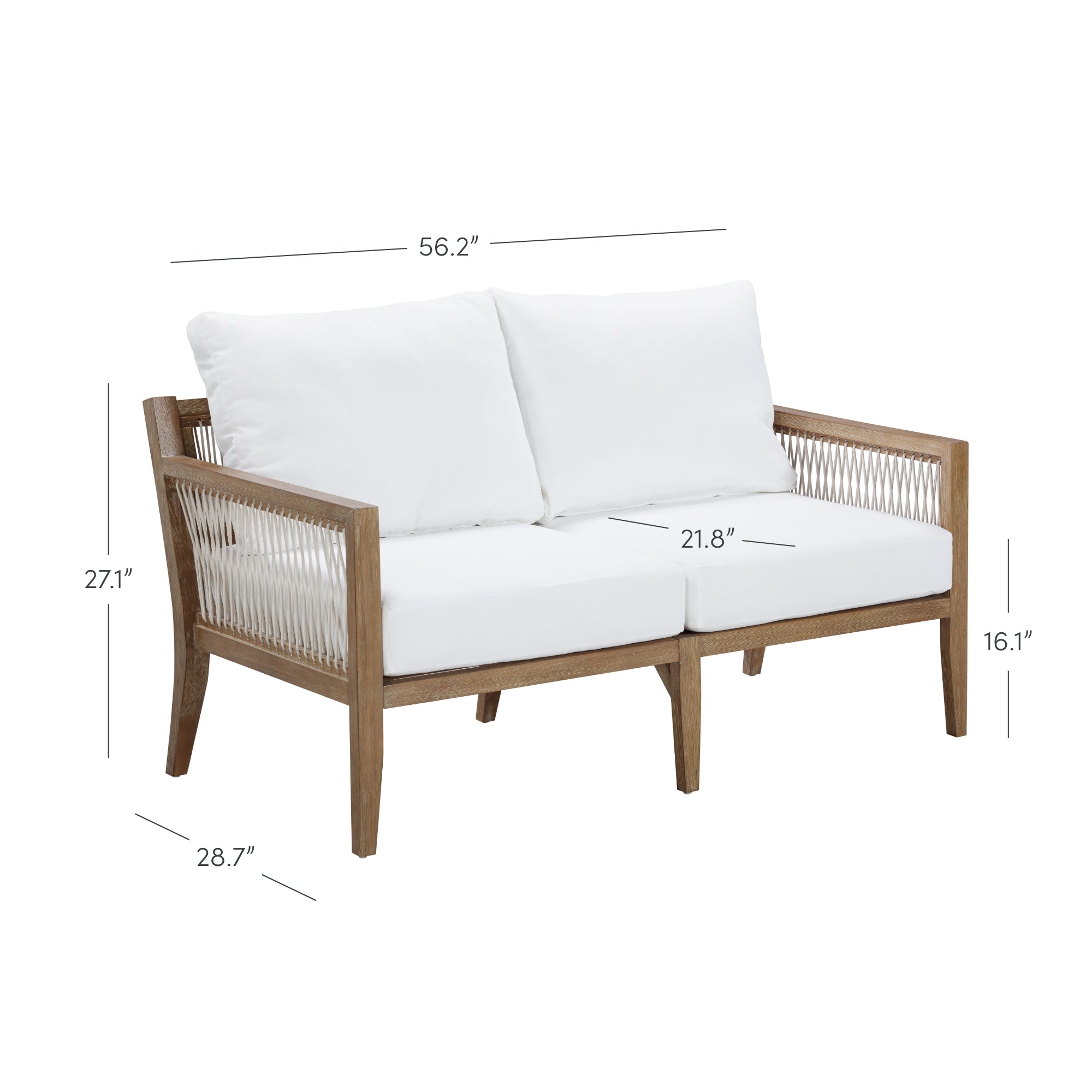 A wooden-framed loveseat with white cushions and rope detailing on the sides. The dimensions are labeled: 56.2” wide, 27.1” tall, 28.7” deep, seat height 16.1”, and seat depth 21.8”.