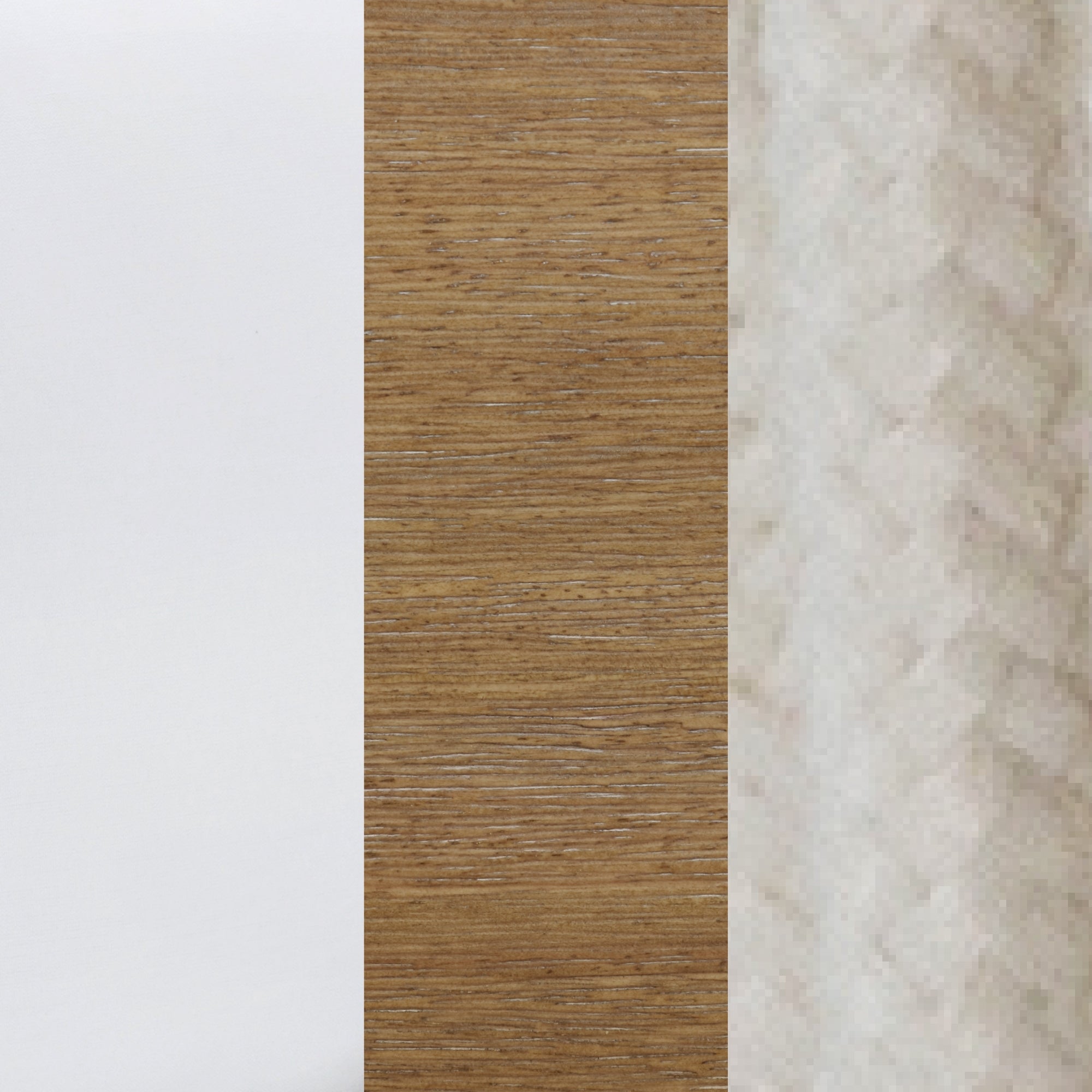 Three vertical panels: left is smooth white, center has natural wood grain, and right features an off-white woven pattern like the Nathan James Outdoor Wood Patio Loveseat White Light Brown.