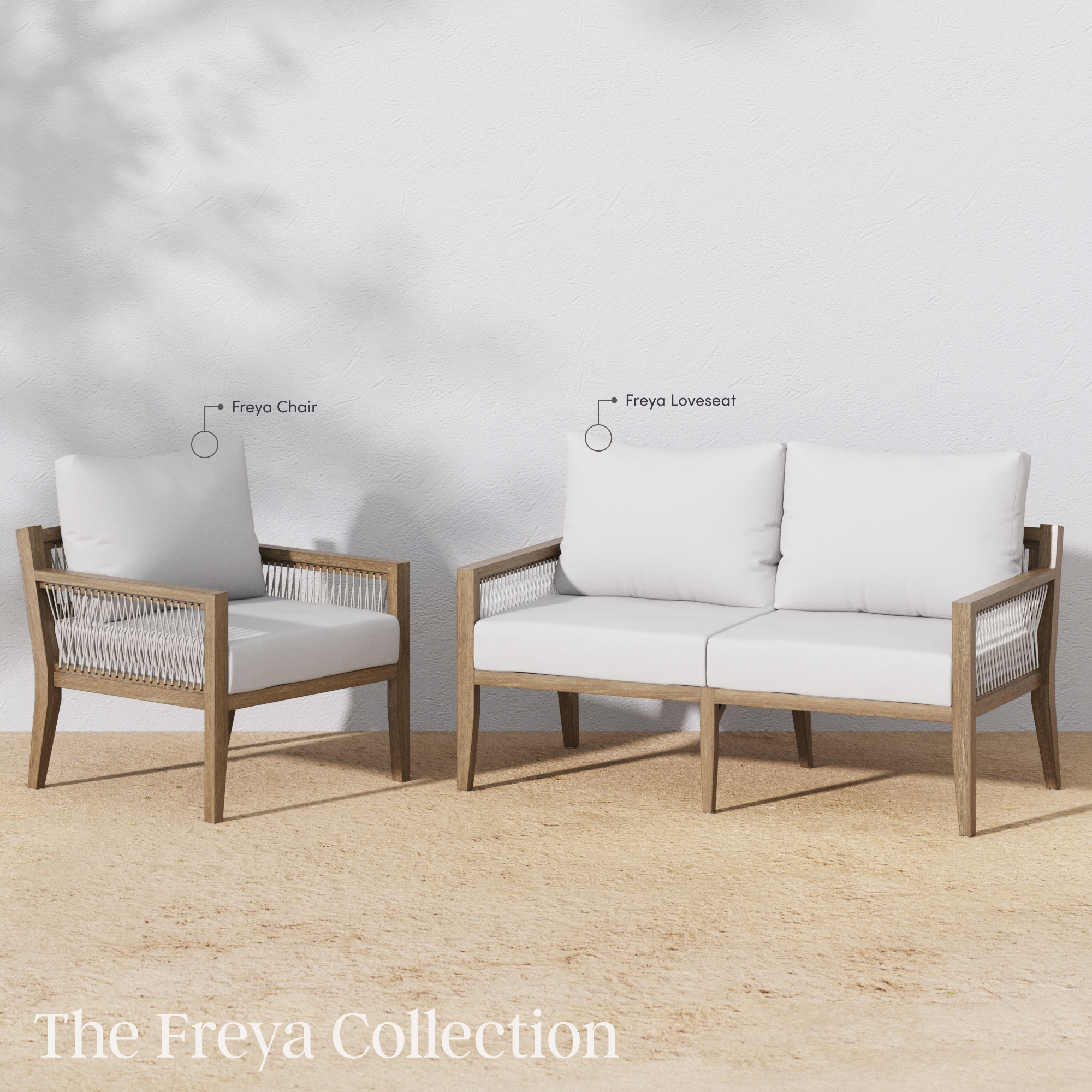 Outdoor furniture set with light wooden frames and white cushions, featuring a single Freya Chair on the left and a two-seater Freya Loveseat on the right. Text reads: The Freya Collection.