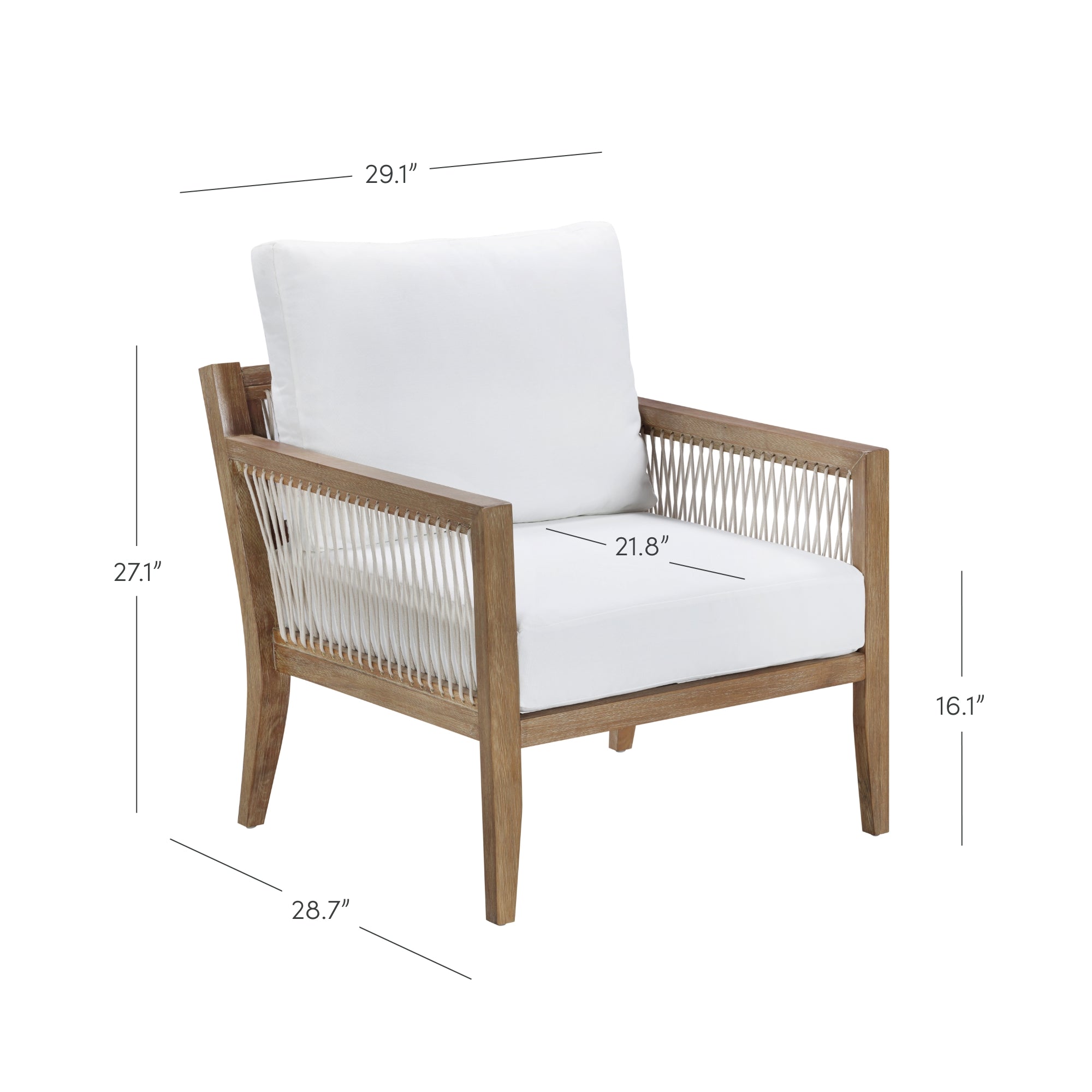 Wooden accent chair with white cushions and rope detailing on the sides. Dimensions are labeled: 29.1” wide, 27.1” high, 28.7” deep, seat height 16.1”, and seat depth 21.8”.
