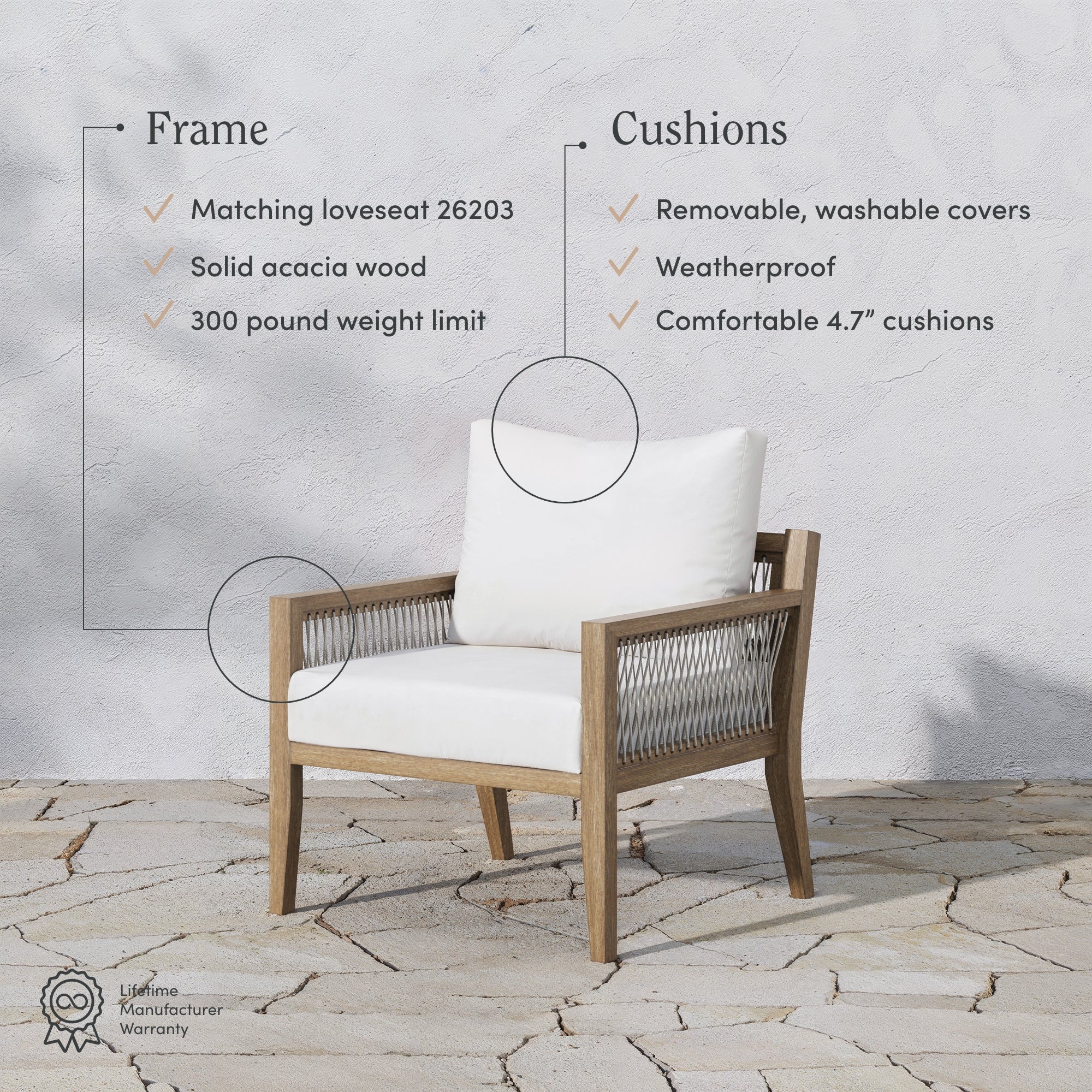 Outdoor wooden armchair with white cushions sits on a stone patio. Text highlights features: solid acacia wood frame, 300 lb weight limit, removable washable cushions, weatherproof, and 4.7 thick cushions. Lifetime warranty icon shown.