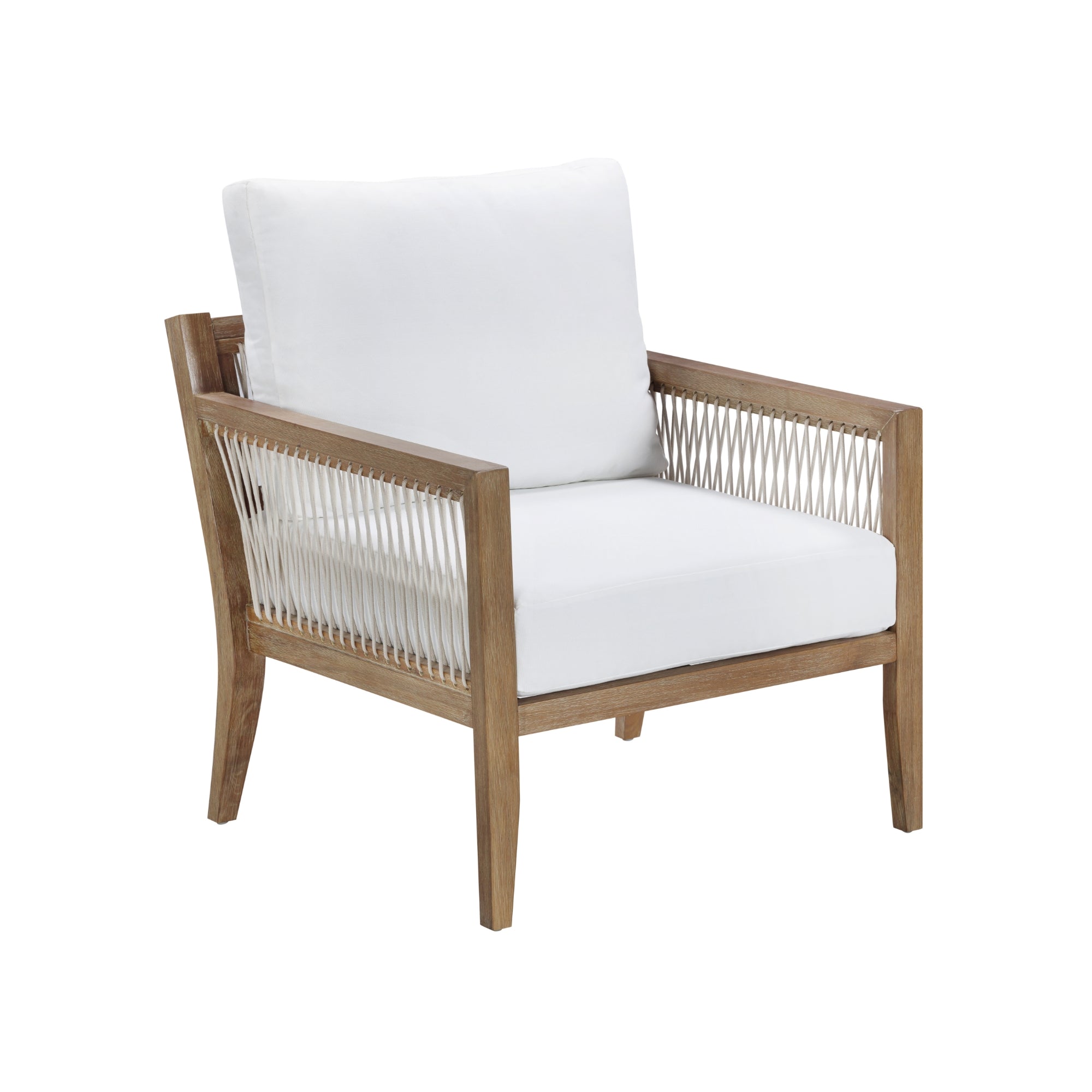 A wooden armchair with white seat and back cushions, featuring a woven rope design on the sides and back, set against a plain white background.